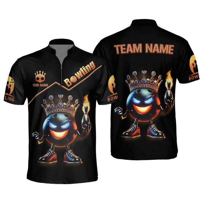 Custom Flame Bowling Ball King Black Bowling Team Jersey Shirts For Men, Custom Bowling Team Shirts BE0062
