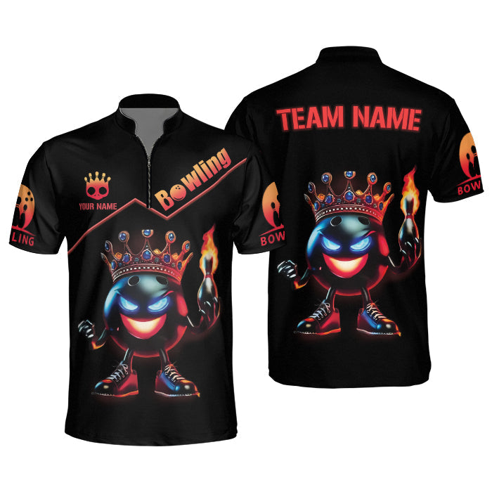 Custom Flame Bowling Ball King Black Bowling Team Jersey Shirts For Men, Custom Bowling Team Shirts BE0062