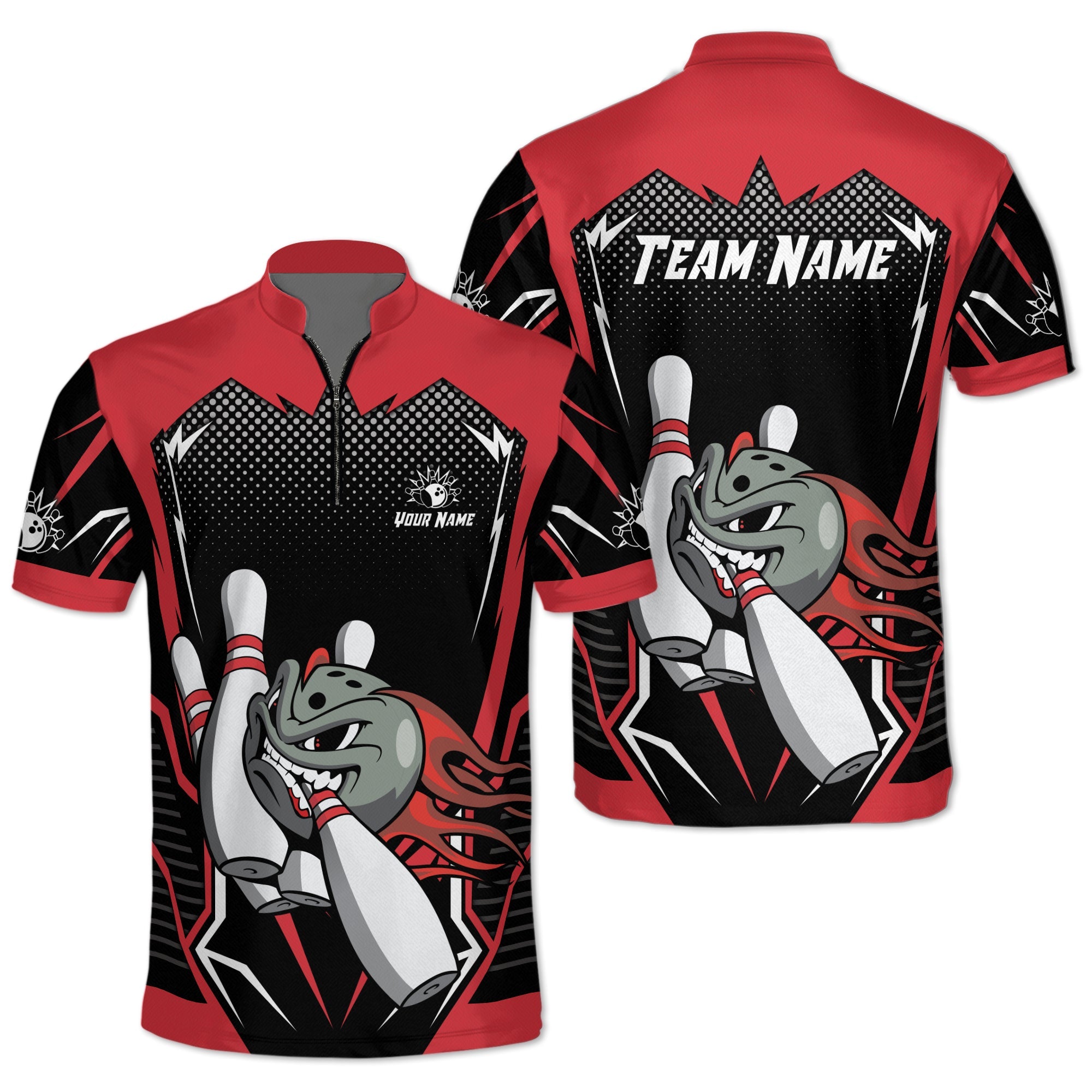 Custom Team Black And Red Bowling Jersey Shirt For Men, Custom Team Ball Flame Bowling Shirt BZ0042