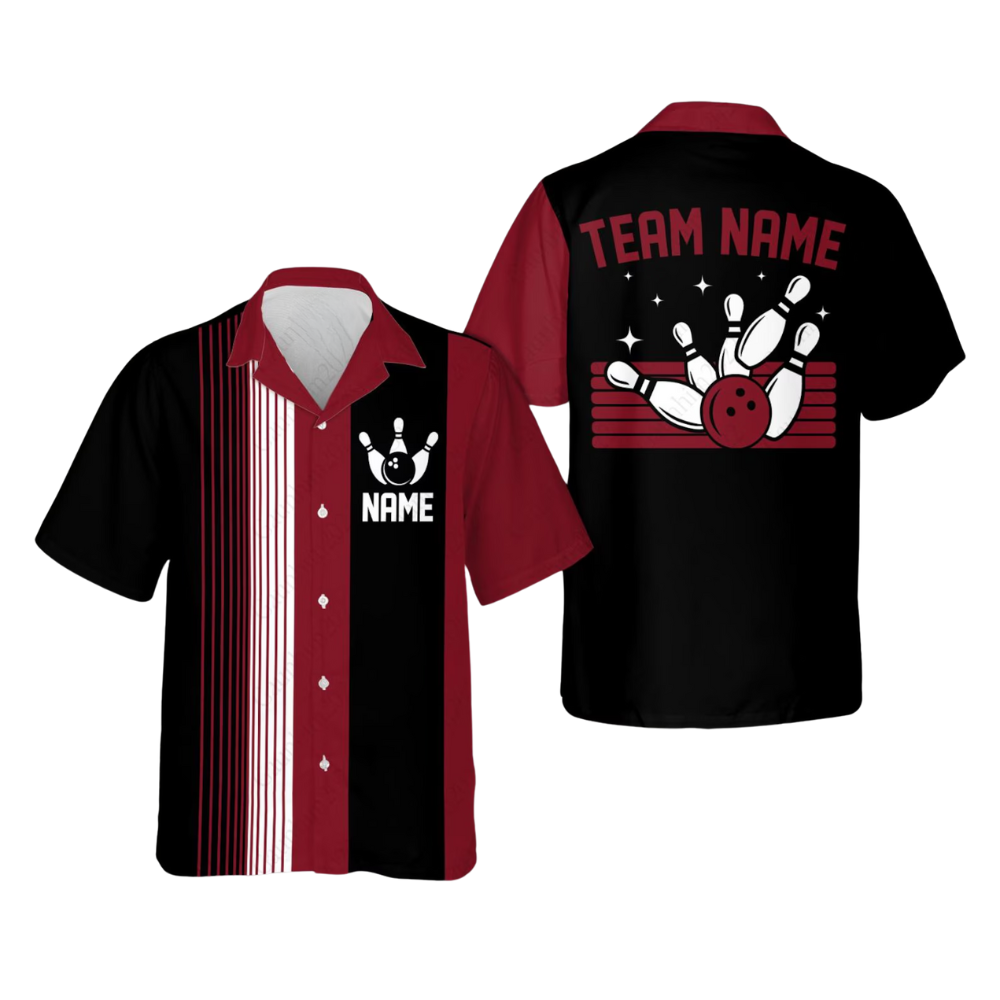 Red And Black Custom Bowling Hawaiian Shirt For Men, Custom Red Black Bowling Team Shirts BZ0216