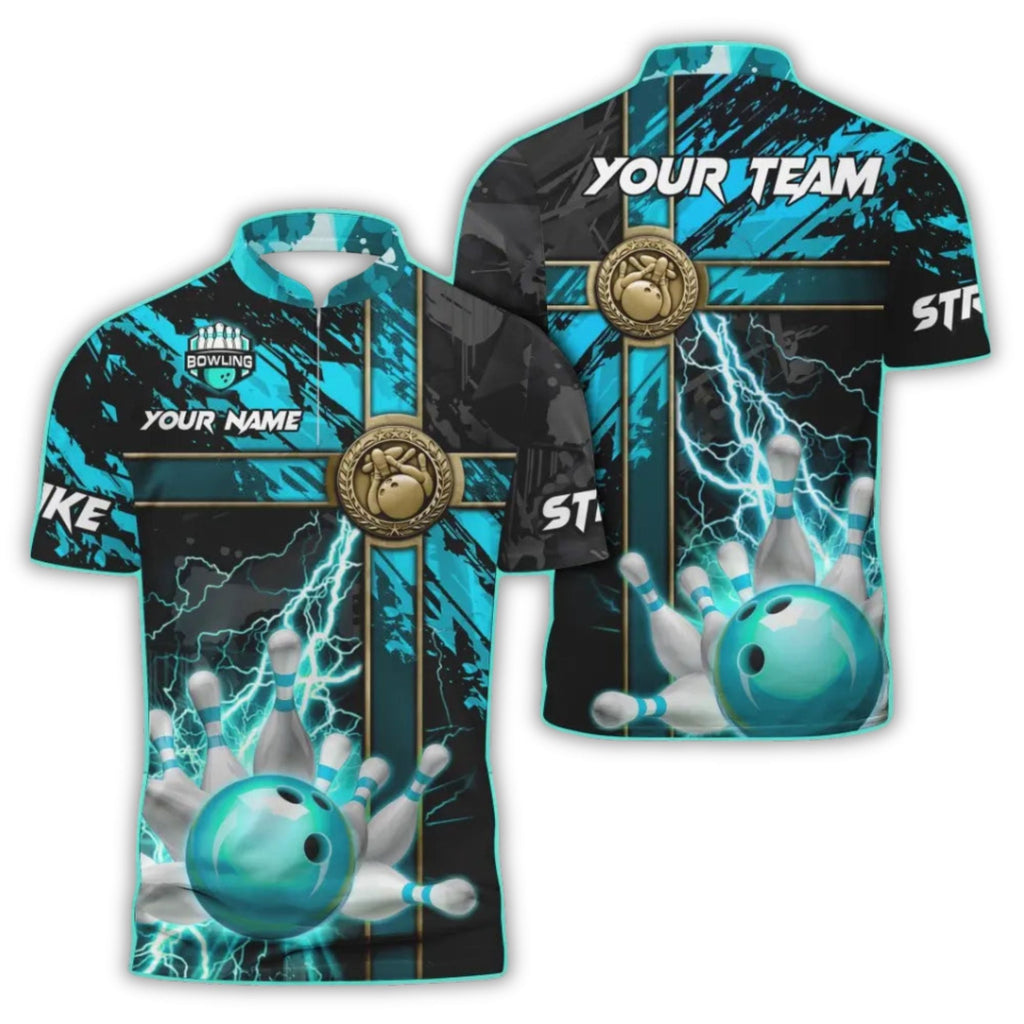 Custom Black And Blue Team Bowling Jersey Shirt, Custom Team Thunder Bowling Shirt BO0170