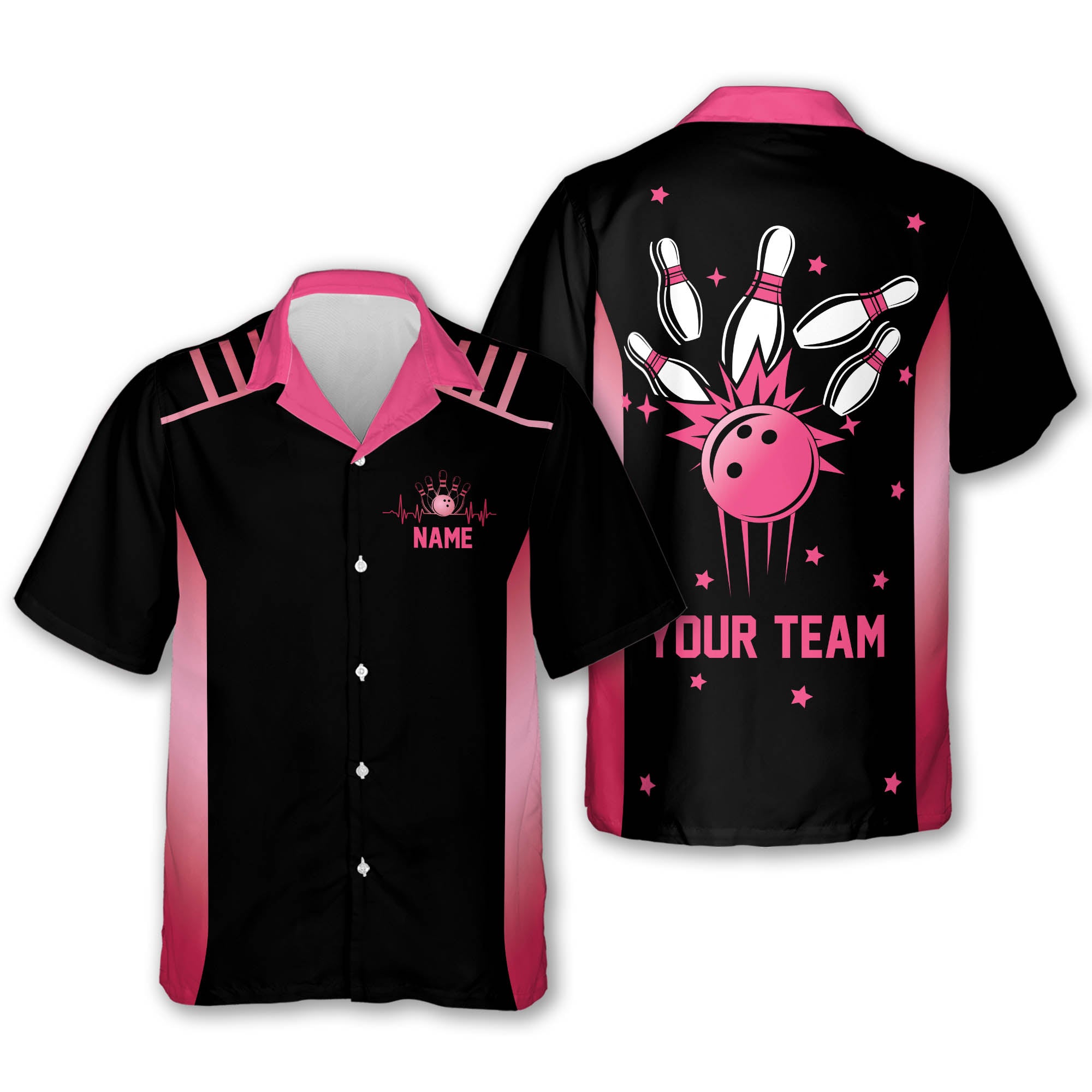 Custom Team Black And Blue Bowling Hawaiian Shirt For Men, Custom Bowling Shirt BE0017