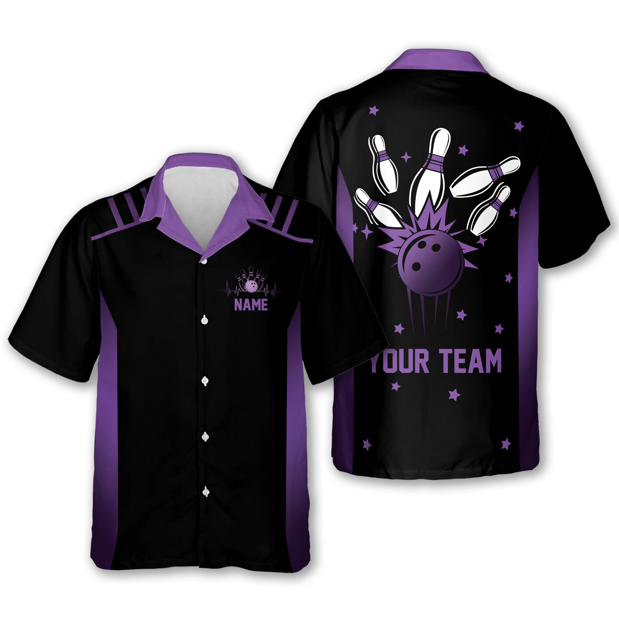 Custom Team Black And Blue Bowling Hawaiian Shirt For Men, Custom Bowling Shirt BE0017