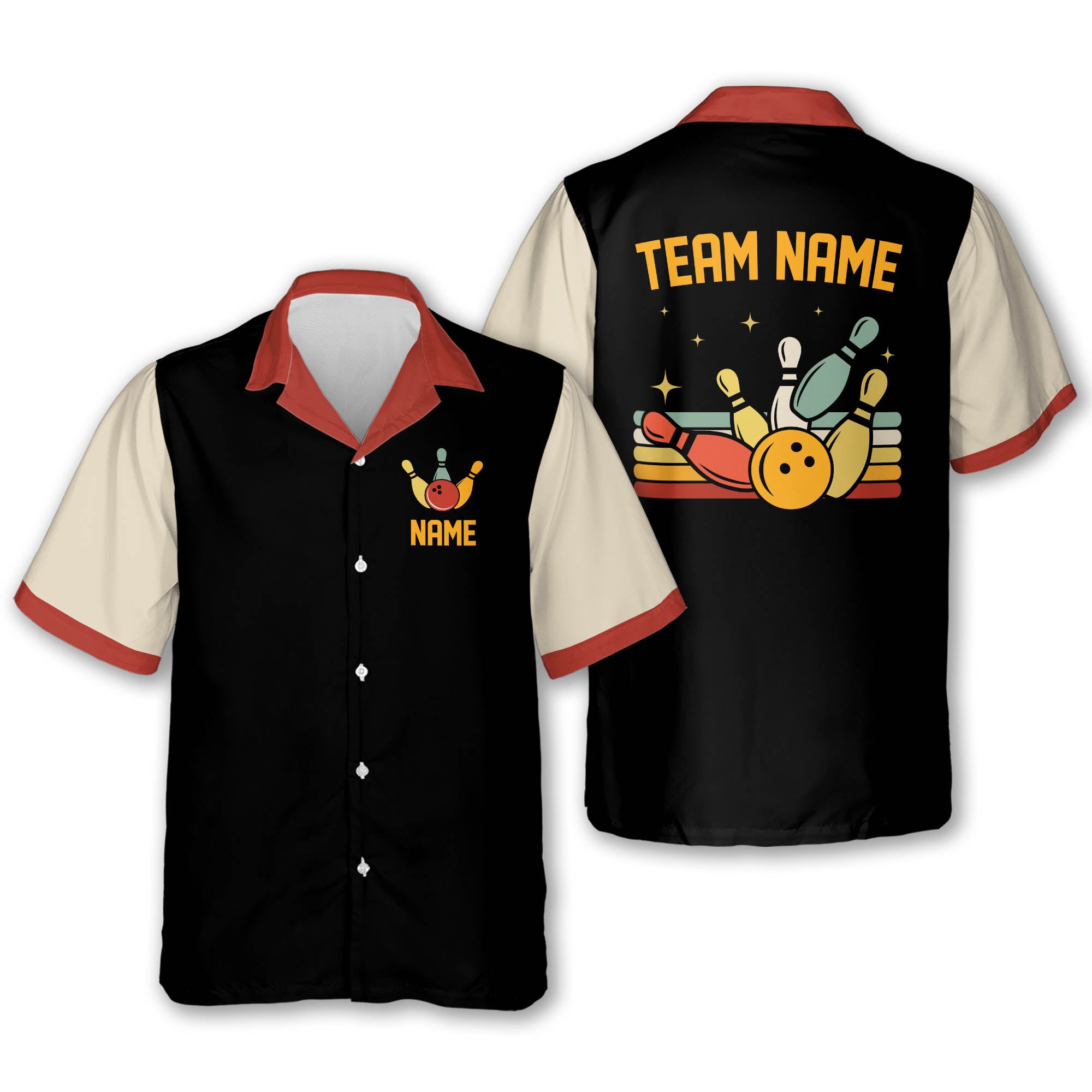 Custom Red Team Bowling Hawaiian Shirt For Men, Custom Retro Bowling Team Shirts BE0038