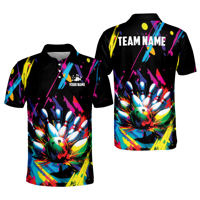 Custom Team Bowling Polo Shirt For Men, Custom Graffiti Splash Paint Bowling Team Shirts BL0004