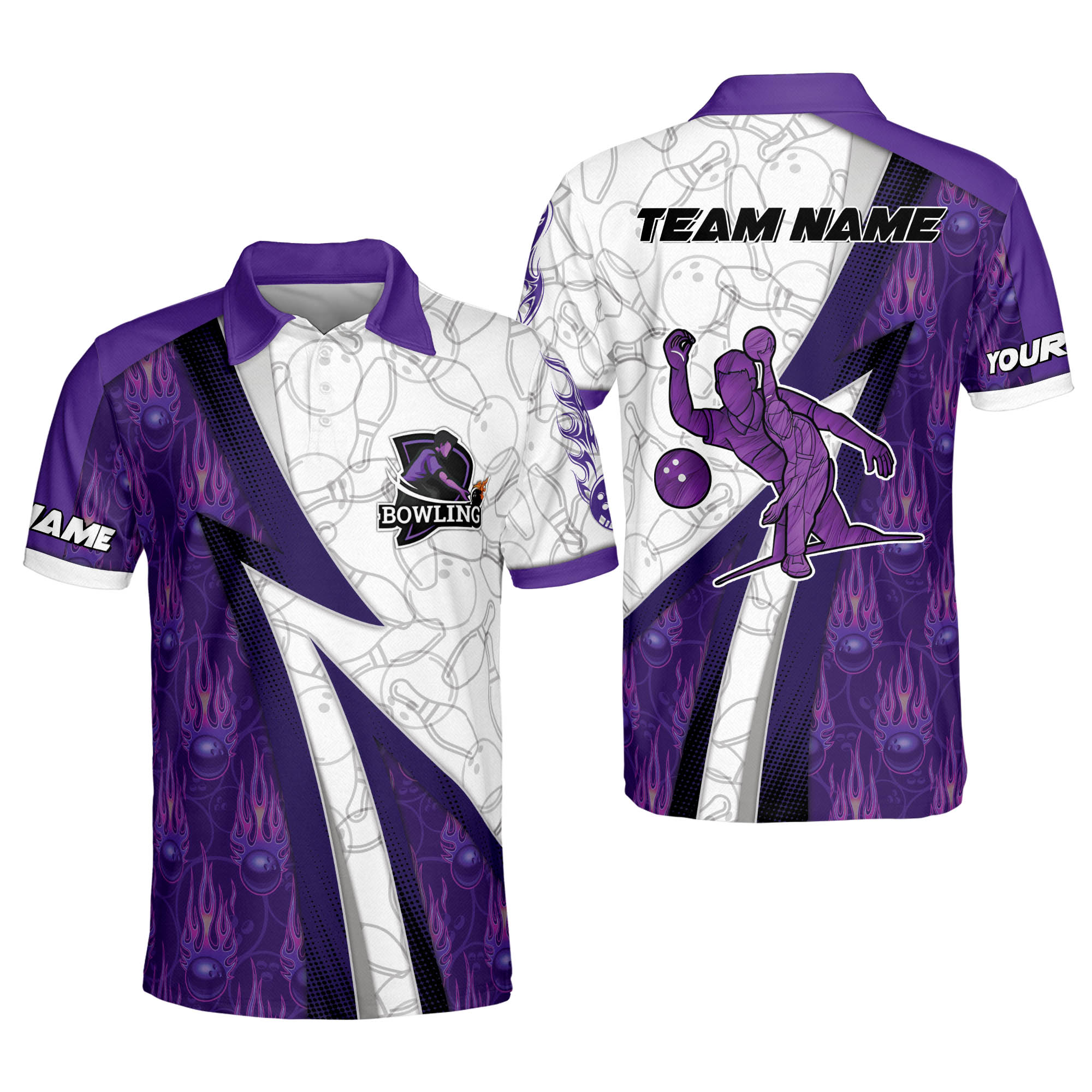 Custom White And Purple Team Bowling Polo Shirt For Men, Custom Team Flame Ball Bowling Shirt BO0101