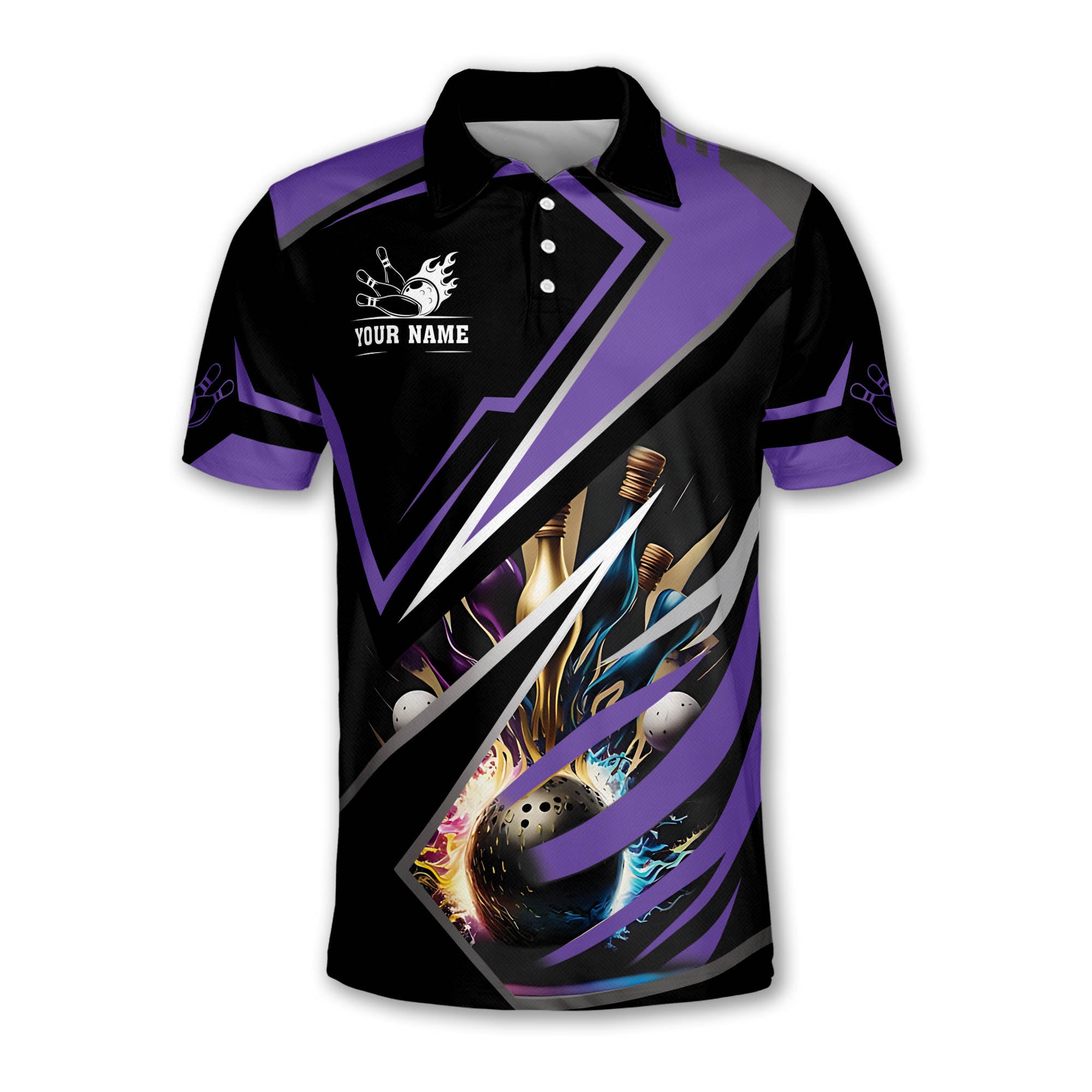 Custom Black And Purple Team Bowling Polo Shirt For Men, Custom Team Thunder Bowling Shirt BZ0024