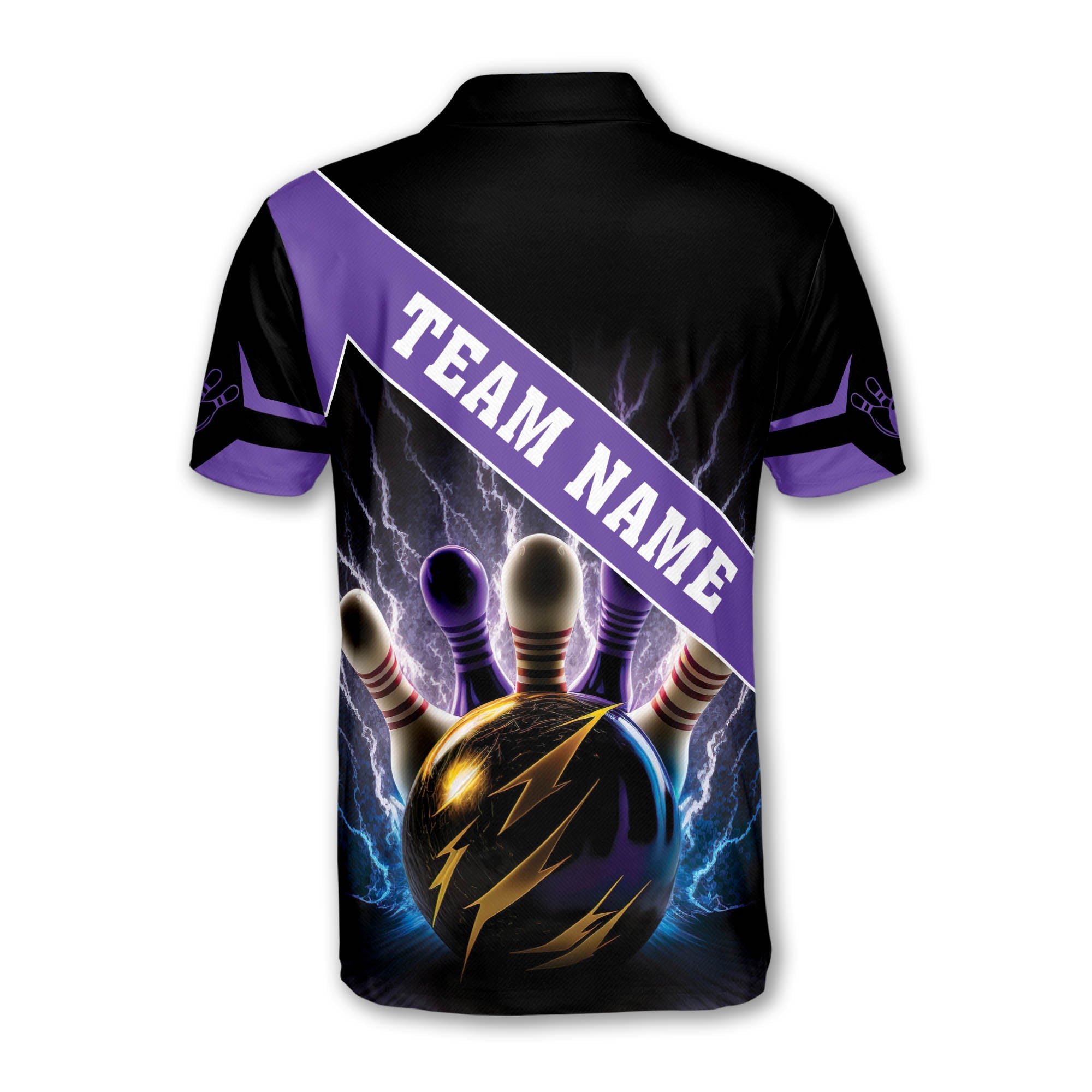 Custom Black And Purple Team Bowling Polo Shirt For Men, Custom Team Thunder Bowling Shirt BZ0024