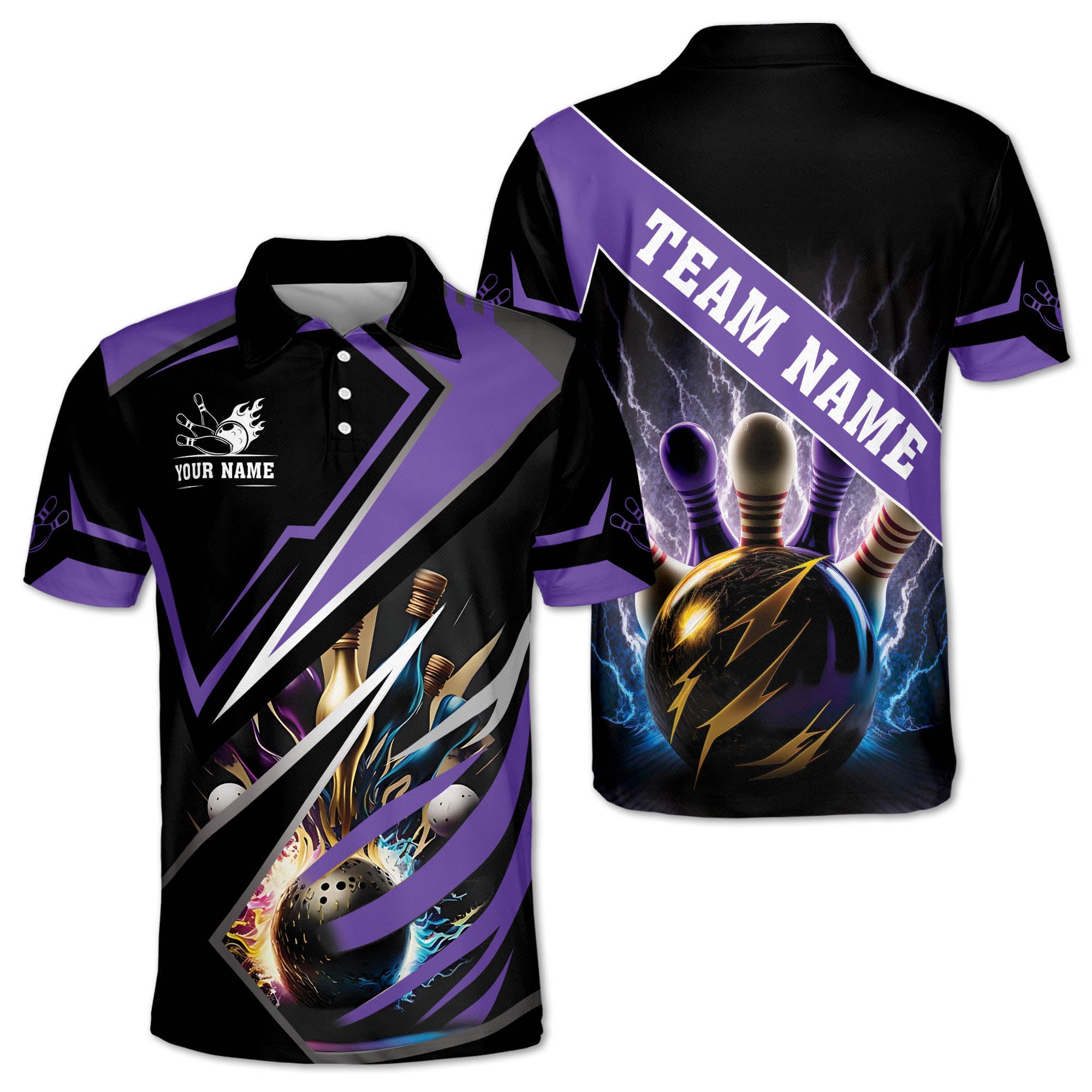 Custom Black And Purple Team Bowling Polo Shirt For Men, Custom Team Thunder Bowling Shirt BZ0024