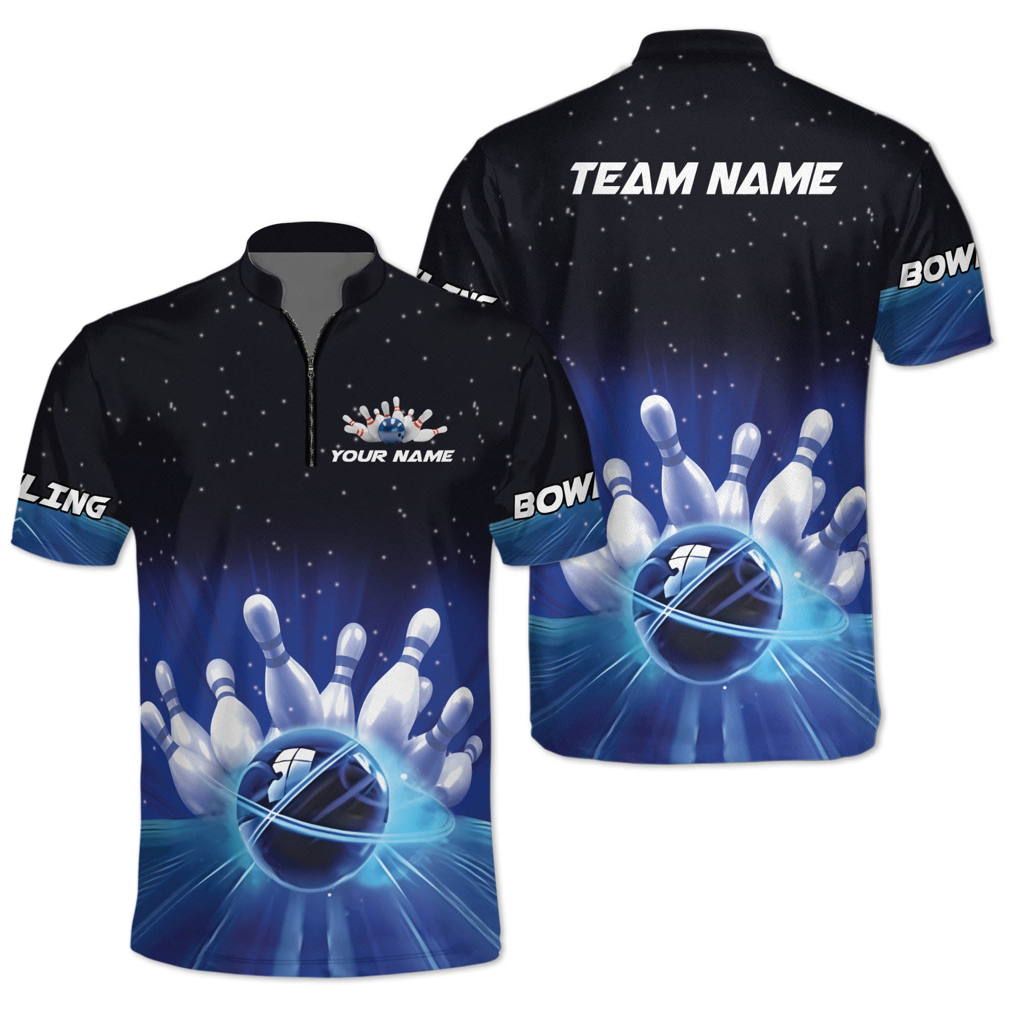 Custom Team Blue Bowling Jerseys Shirt For Men, Custom Bowling Shirt BZ0072