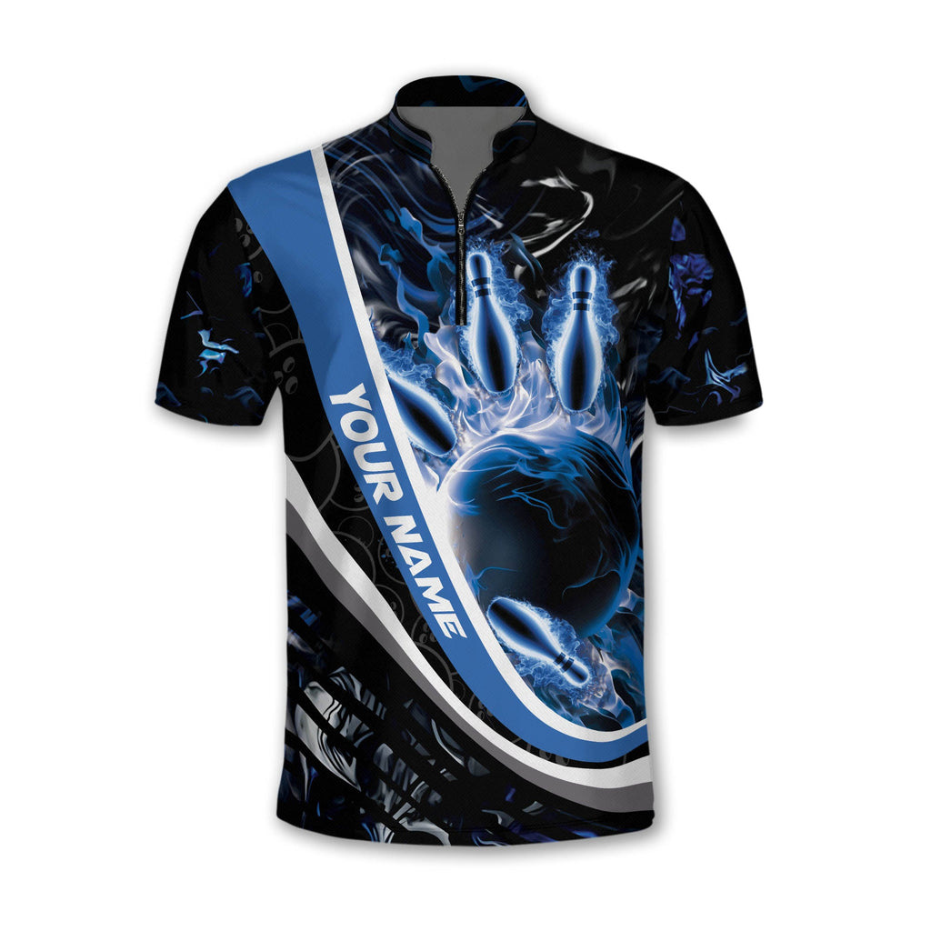 Custom Black And Blue Flame Bowling Jersey Shirt For Men, Custom Team Flame Bowling Shirt BZ0128