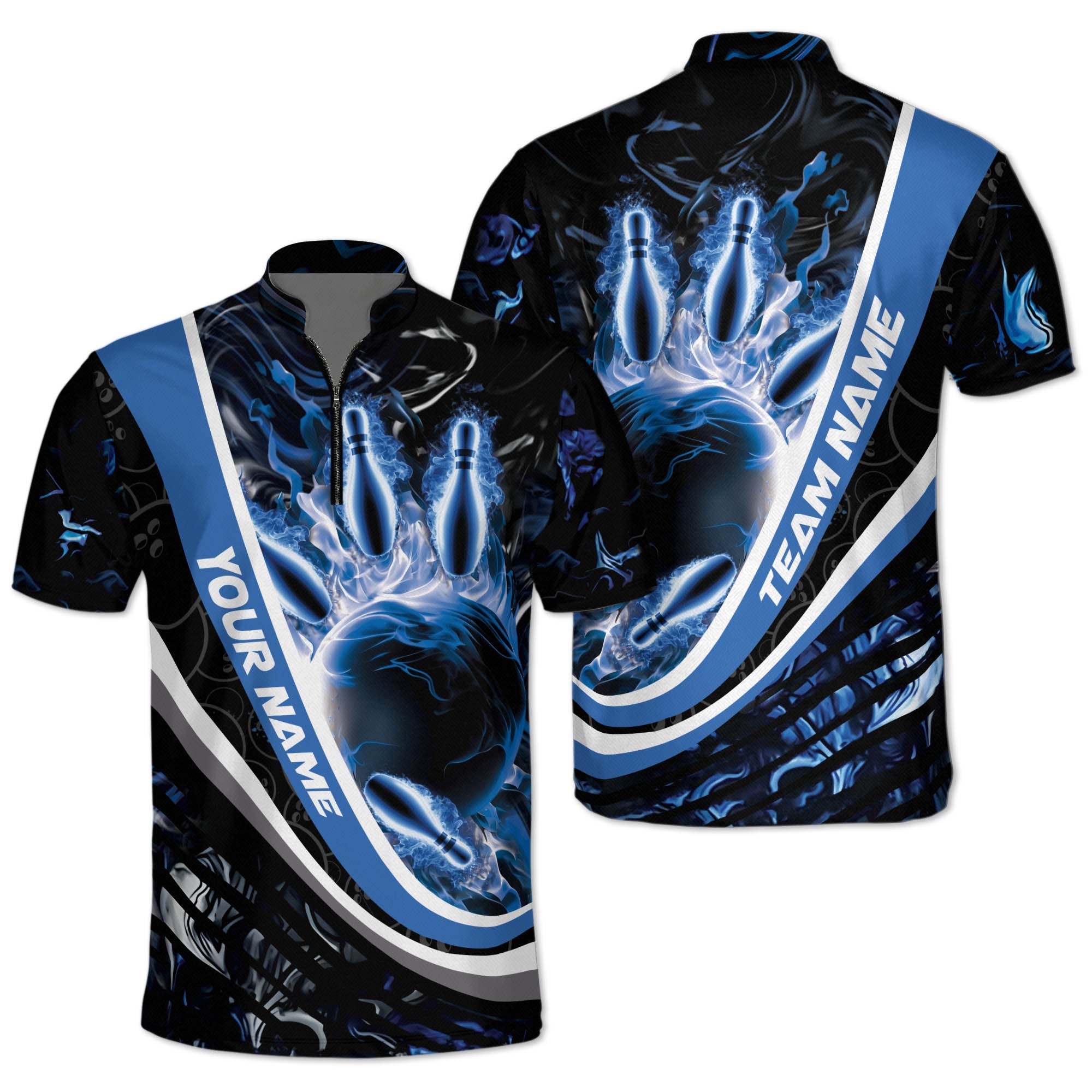 Custom Black And Blue Flame Bowling Jersey Shirt For Men, Custom Team Flame Bowling Shirt BZ0128