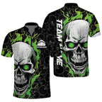 Custom Skull Bowling Jersey Shirt For Men, Custom Green Flame Skull Bowling Team Shirts BZ0144