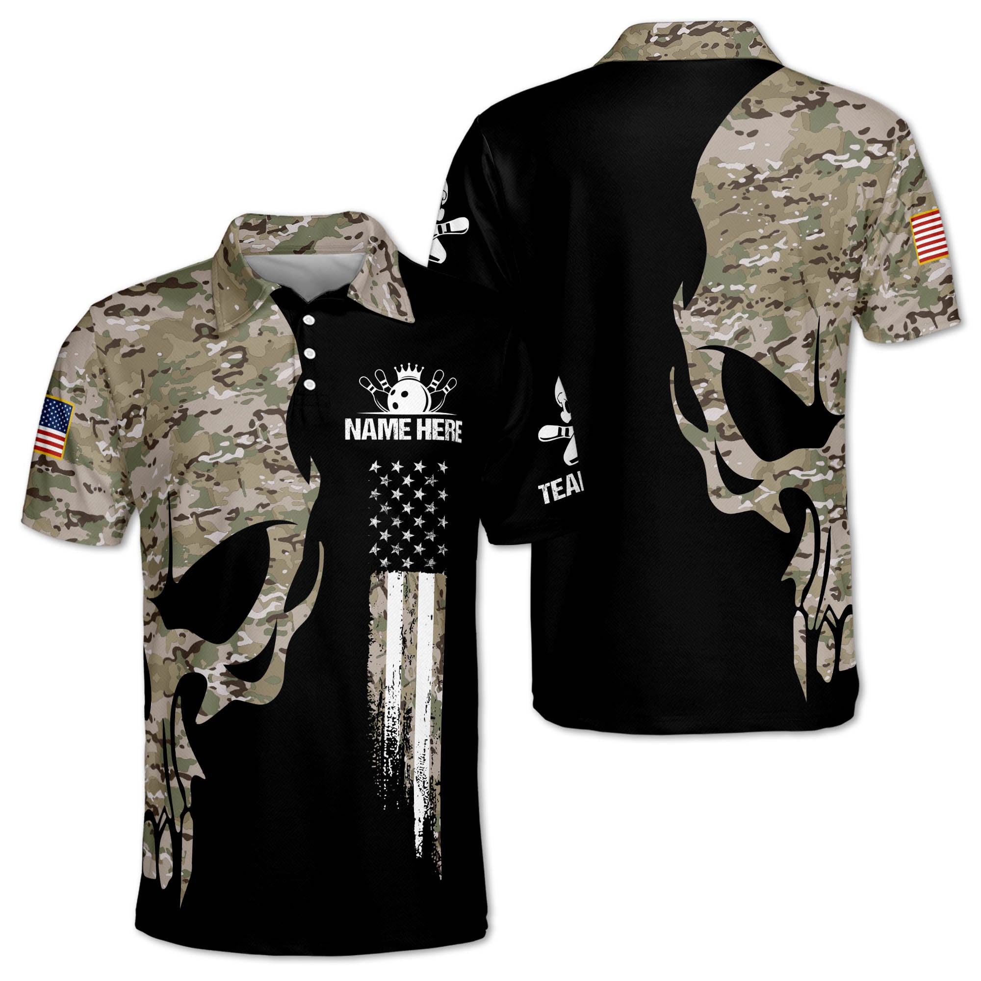 Custom Skull Bowling Polo Shirt For Men, Custom Camo Skull Bowling Shirt BZ0156