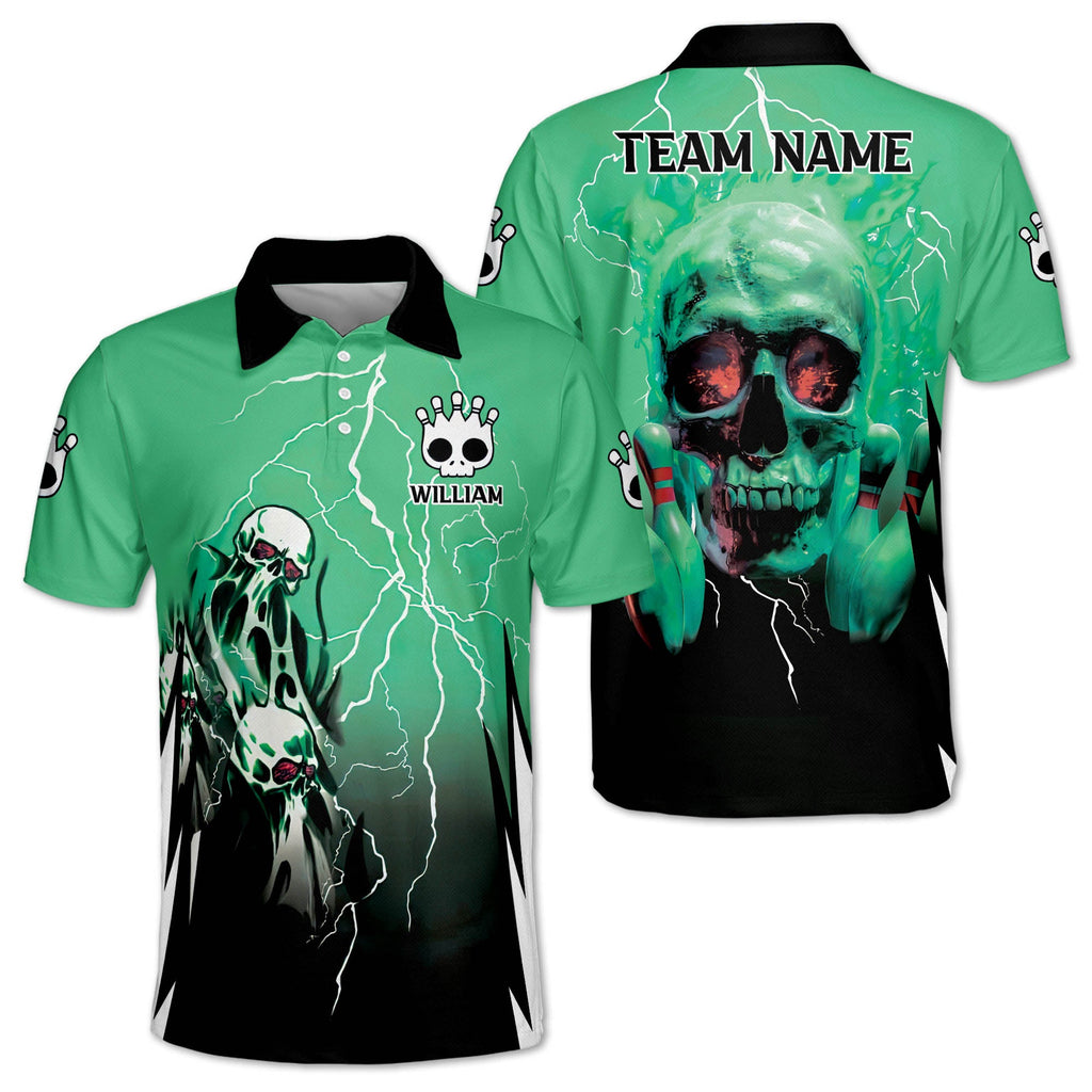 Custom Skull Bowling Polo Shirt For Men, Custom Black And Blue Skull Bowling Team Shirts BZ0158