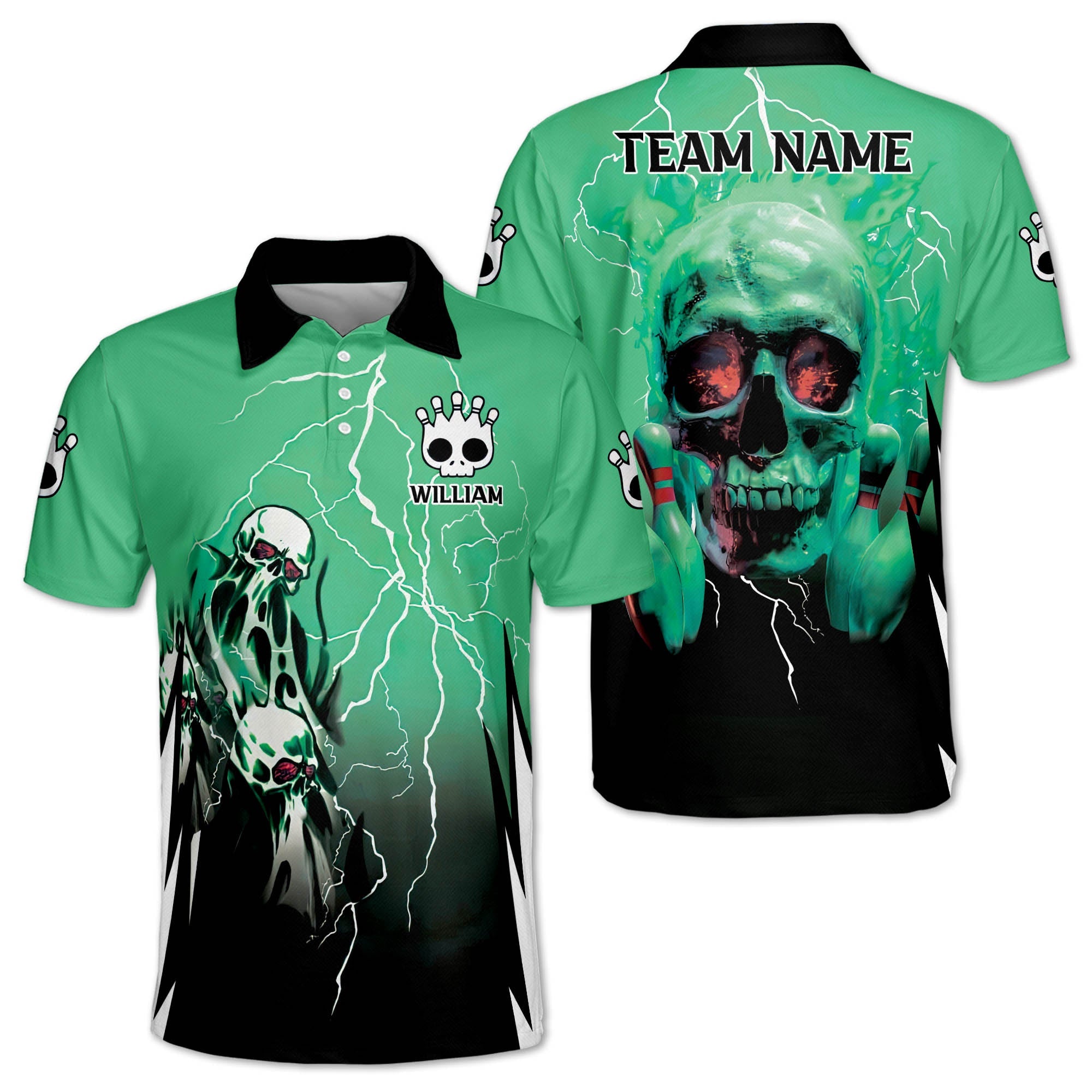 Custom Skull Bowling Polo Shirt For Men, Custom Black And Blue Skull Bowling Team Shirts BZ0158