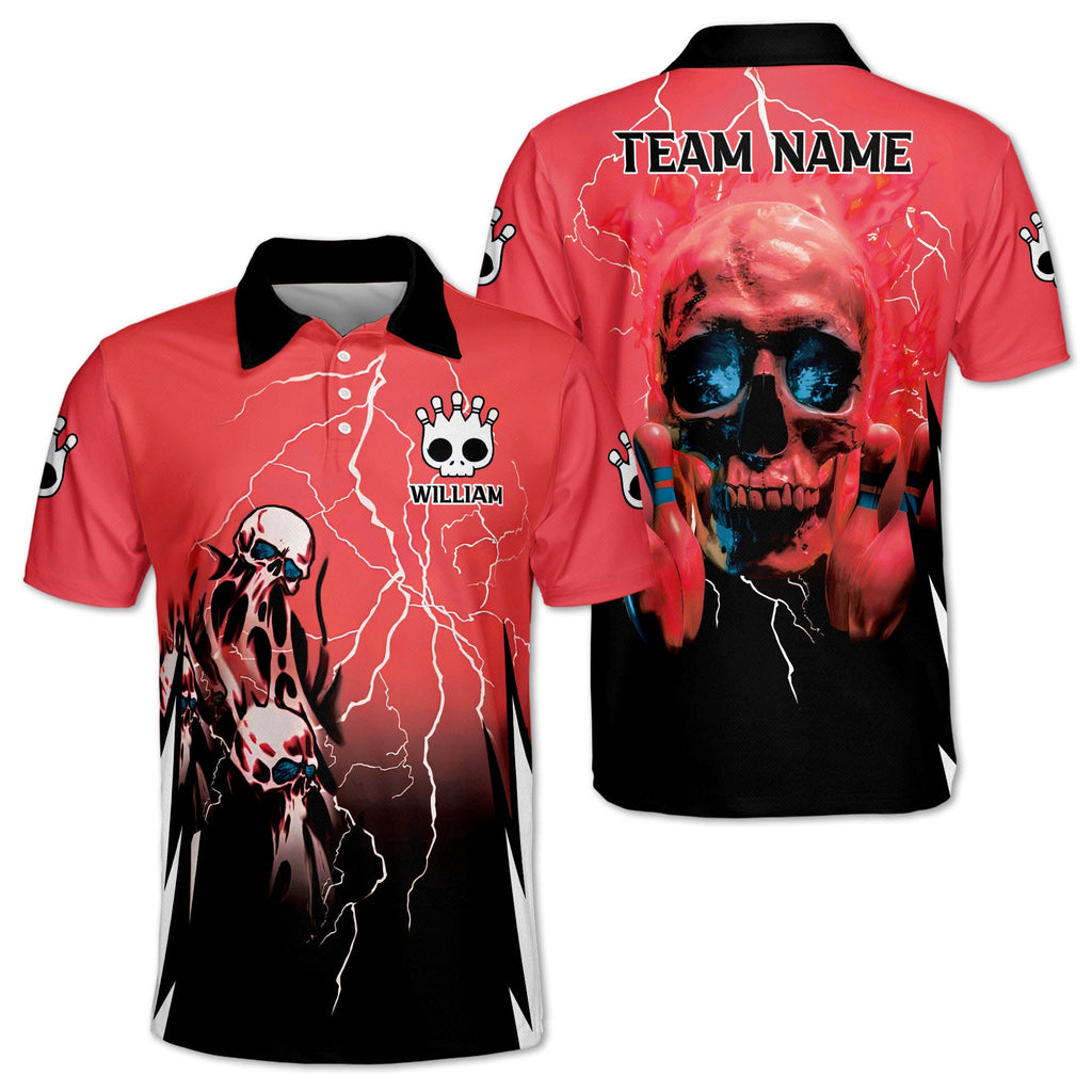 Custom Skull Bowling Polo Shirt For Men, Custom Black And Blue Skull Bowling Team Shirts BZ0158