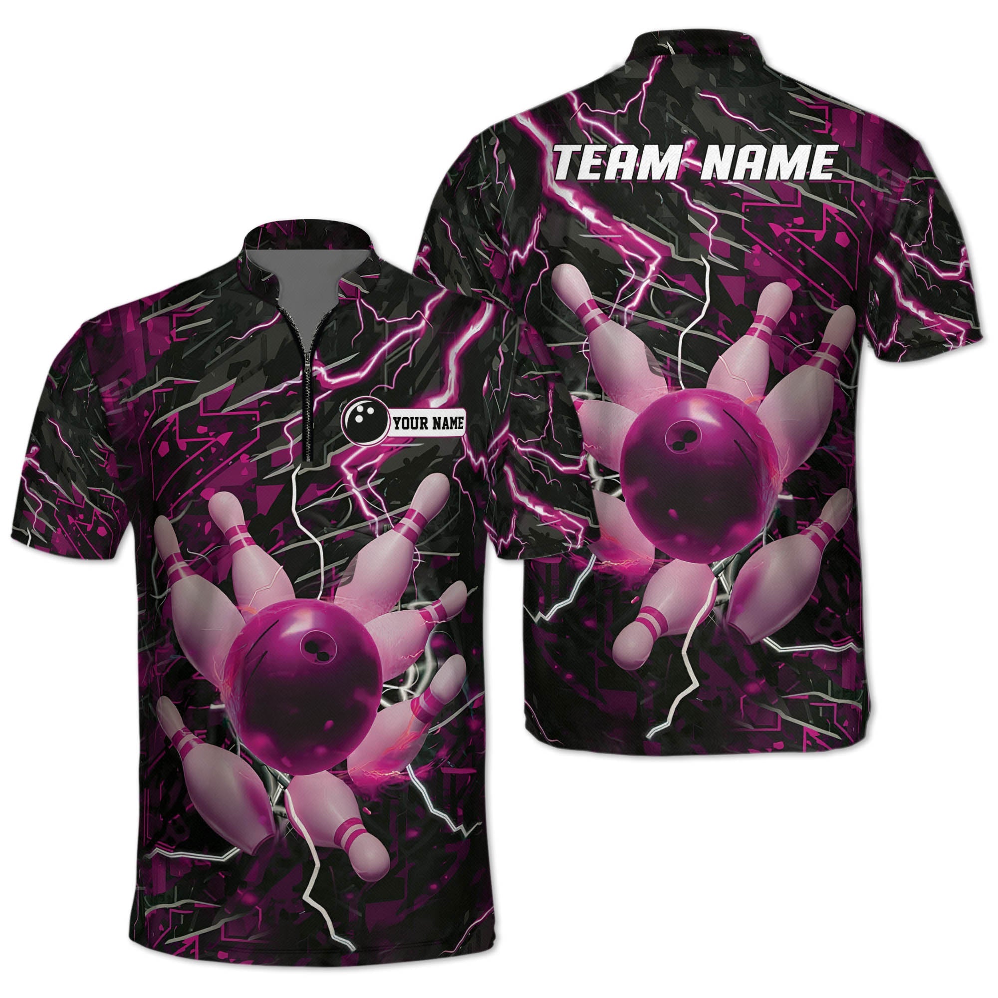 Custom Pink Team Bowling Jerseys Shirt For Men, Custom Thunder Bowling Team Shirts BZ0165