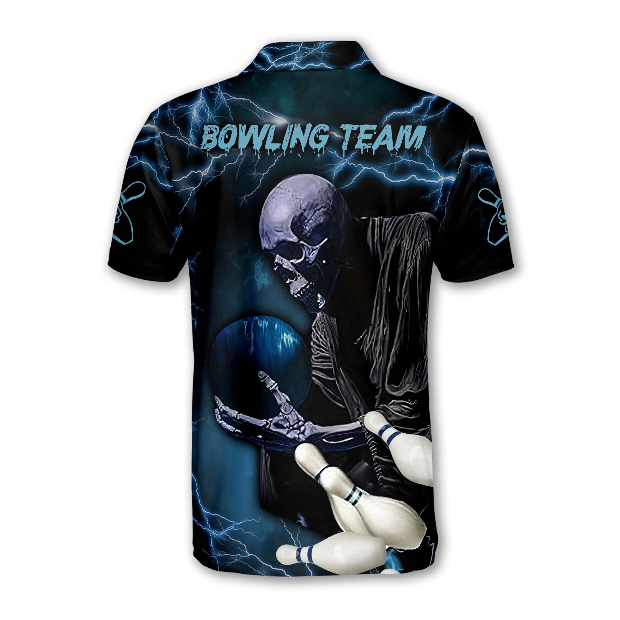 Custom Skull Bowling Polo Shirt For Men, Custom Black And Blue Skull Bowling Team Shirts BZ0191