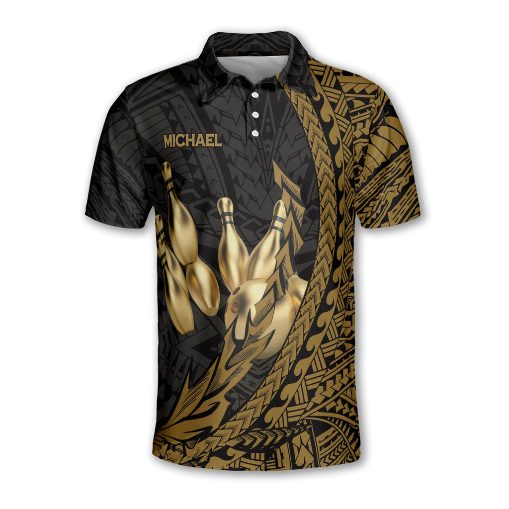 Custom Black And Gold Tribal Bowling Polo Shirt For Men, Custom Tribal Bowling Team Shirts BZ0202