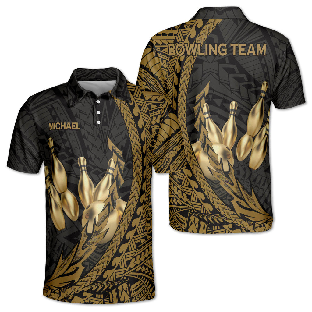 Custom Black And Gold Tribal Bowling Polo Shirt For Men, Custom Tribal Bowling Team Shirts BZ0202