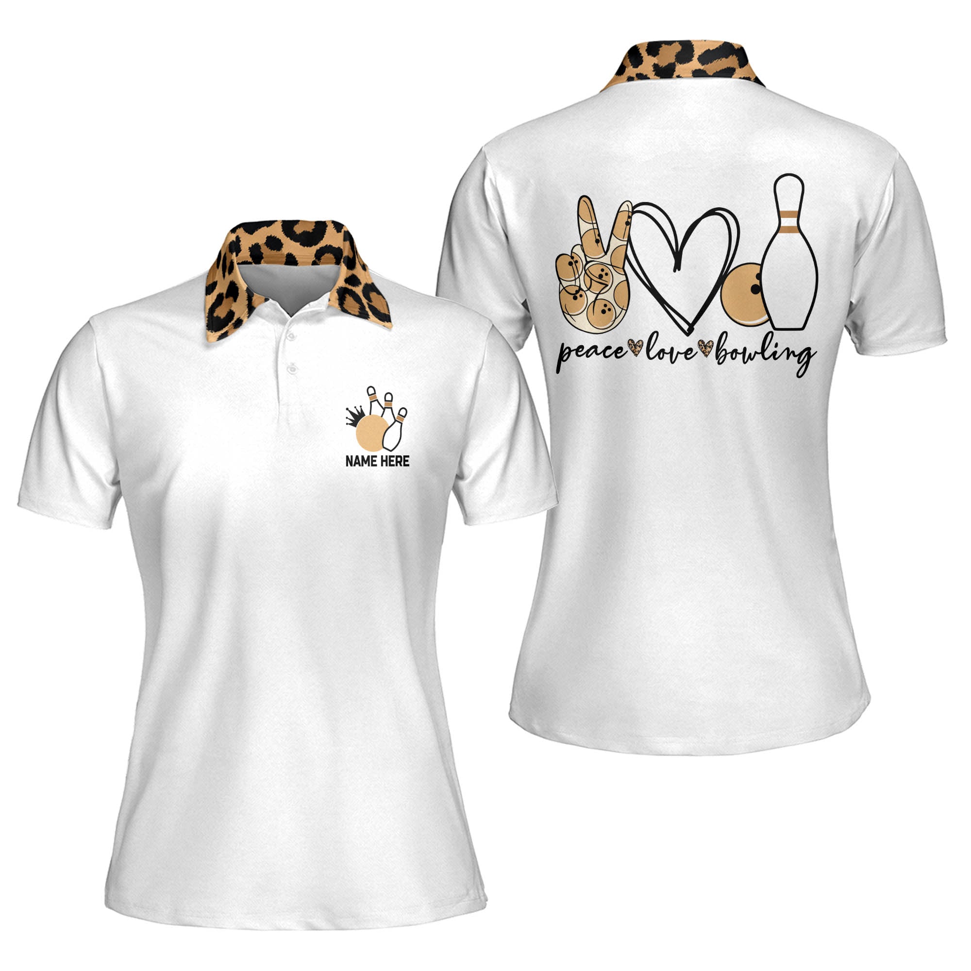 Custom Leopard Peace Love Bowling Polo Shirt For Women, Custom White Bowling Shirt For Ladies BW0074
