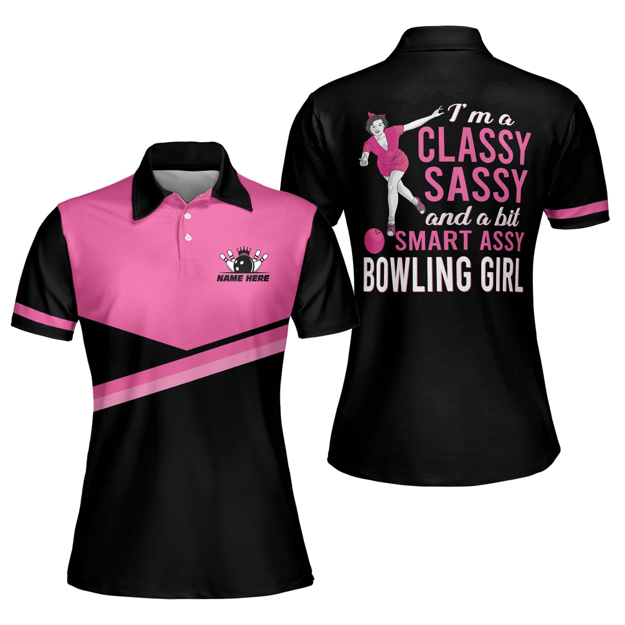 Custom I'm A Classy And A Bit Smart Assy Bowling Girl Polo Shirt For Women, Custom Women's Funny Black And Pink Bowling Shirt BW0044