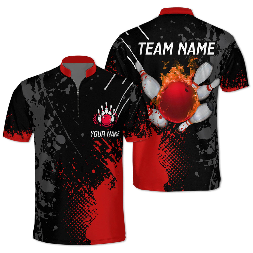 Custom Black And Purple Flame Ball Bowling Jersey Shirt For Men, Custom Bowling Team Shirts BZ0225
