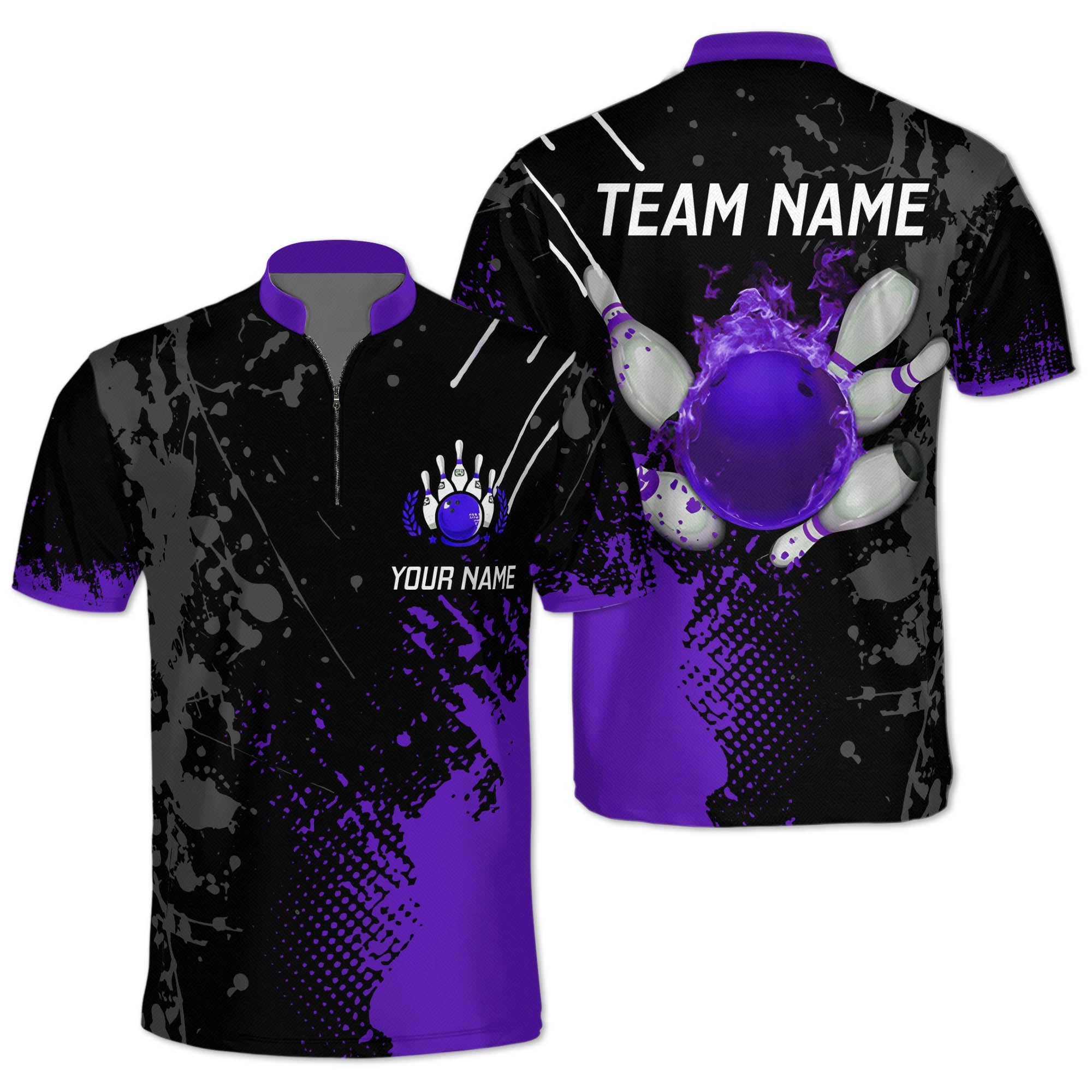 Custom Black And Purple Flame Ball Bowling Jersey Shirt For Men, Custom Bowling Team Shirts BZ0225