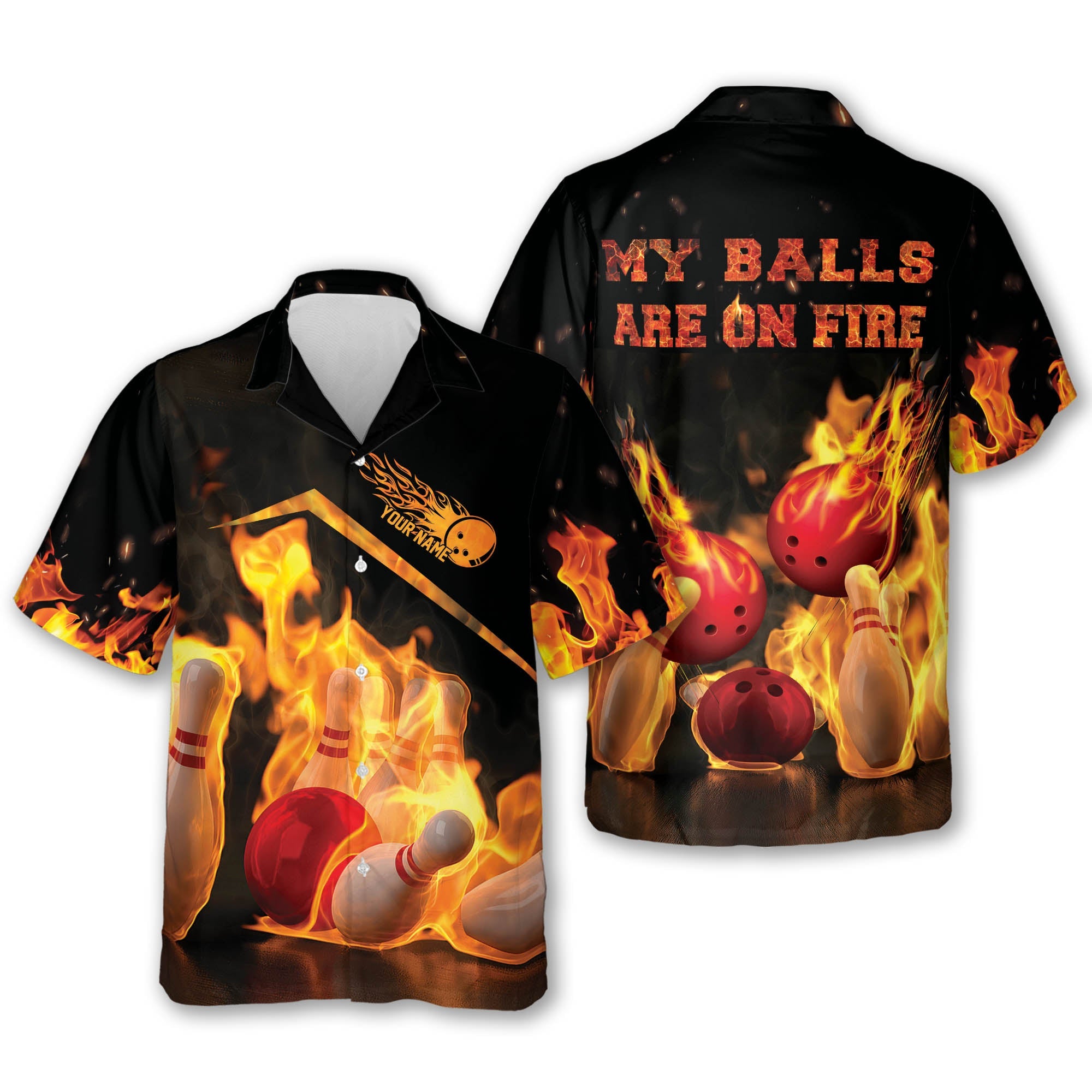 Custom My Balls Are On Fire Bowling Hawaiian Shirt For Men, Custom Funny Bowling Shirt Flame BZ0111
