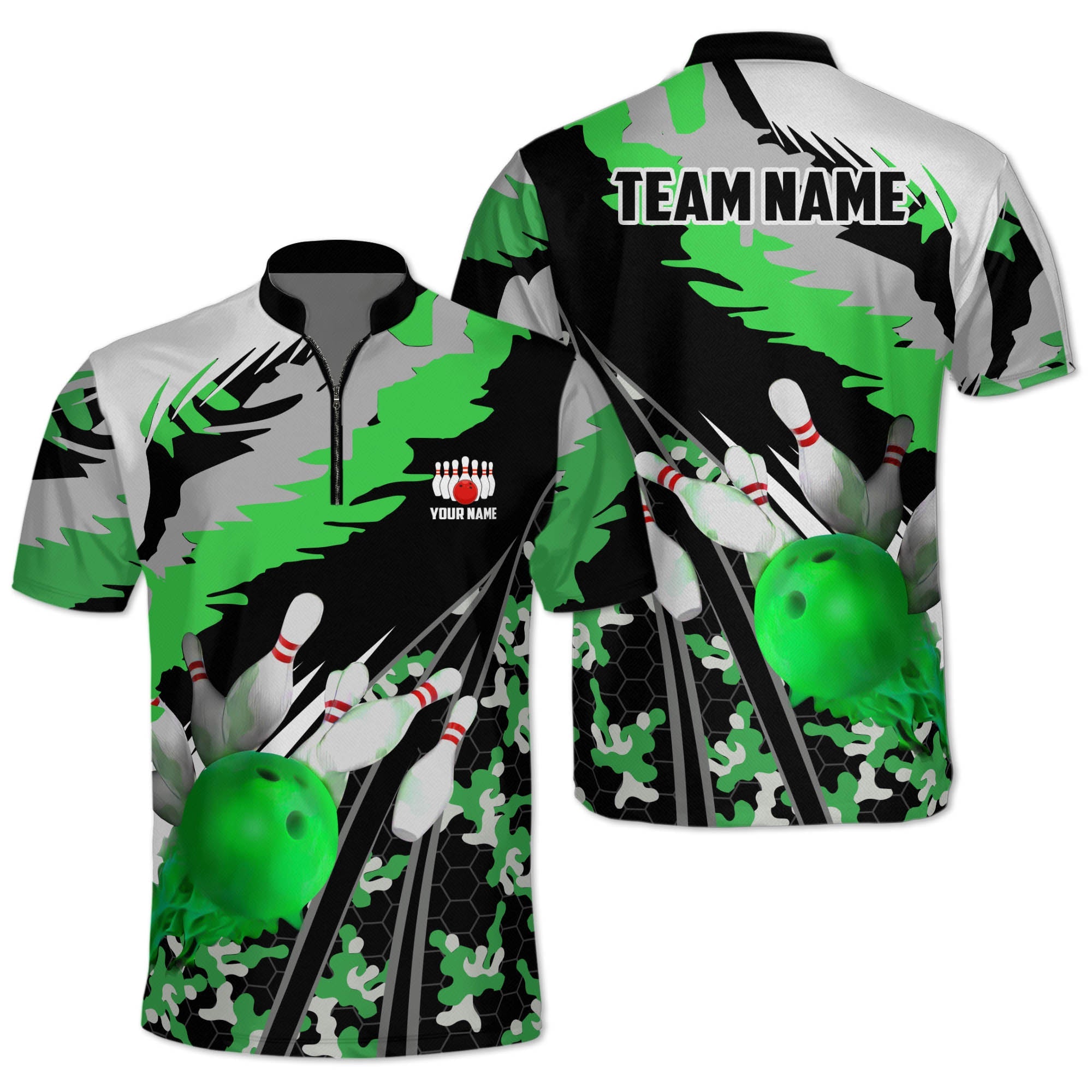 Custom Green Team  Bowling Jerseys Shirt For Men, Custom Camo Bowling Team Shirts BZ0168