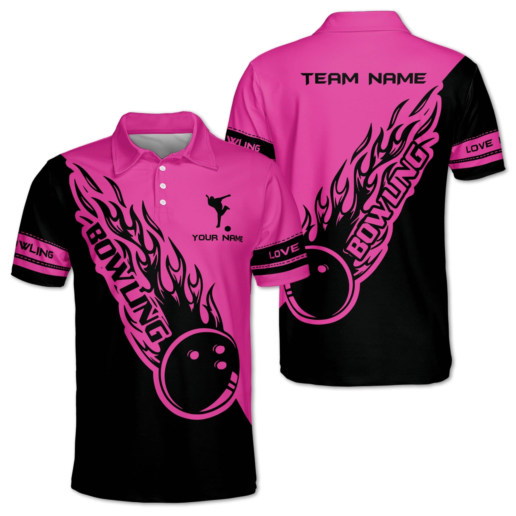 Custom Black And Blue Flame Ball Bowling Polo Shirt For Men, Custom Bowling Team Shirts BZ0224