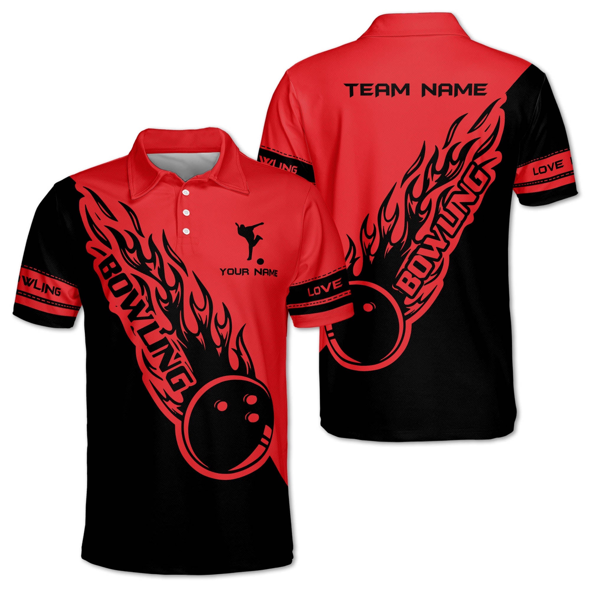 Custom Black And Blue Flame Ball Bowling Polo Shirt For Men, Custom Bowling Team Shirts BZ0224