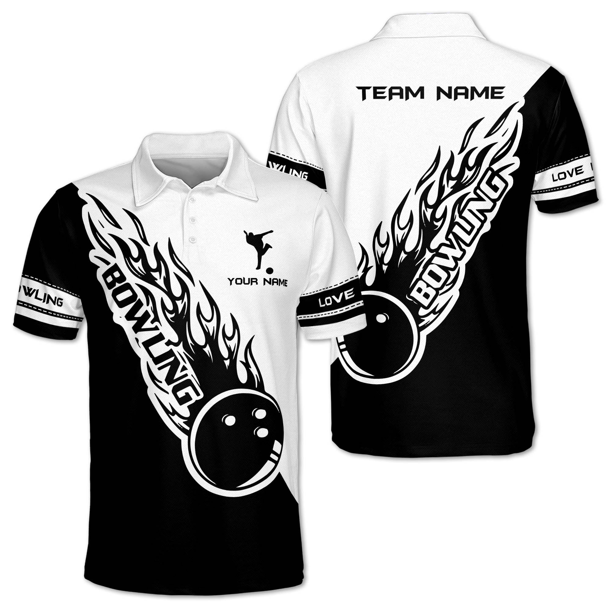 Custom Black And Blue Flame Ball Bowling Polo Shirt For Men, Custom Bowling Team Shirts BZ0224