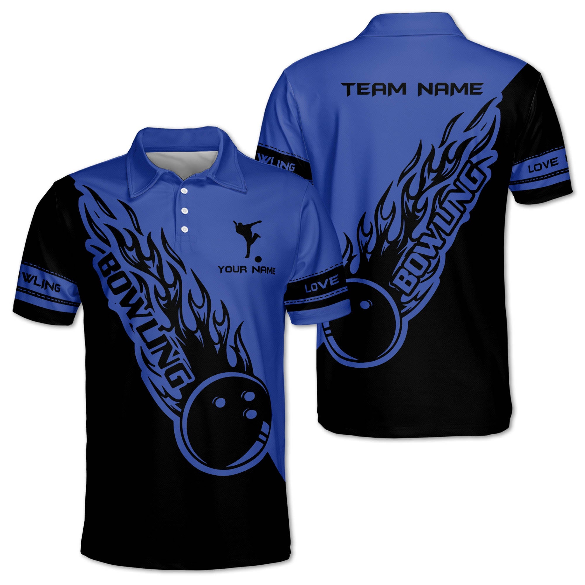 Custom Black And Blue Flame Ball Bowling Polo Shirt For Men, Custom Bowling Team Shirts BZ0224