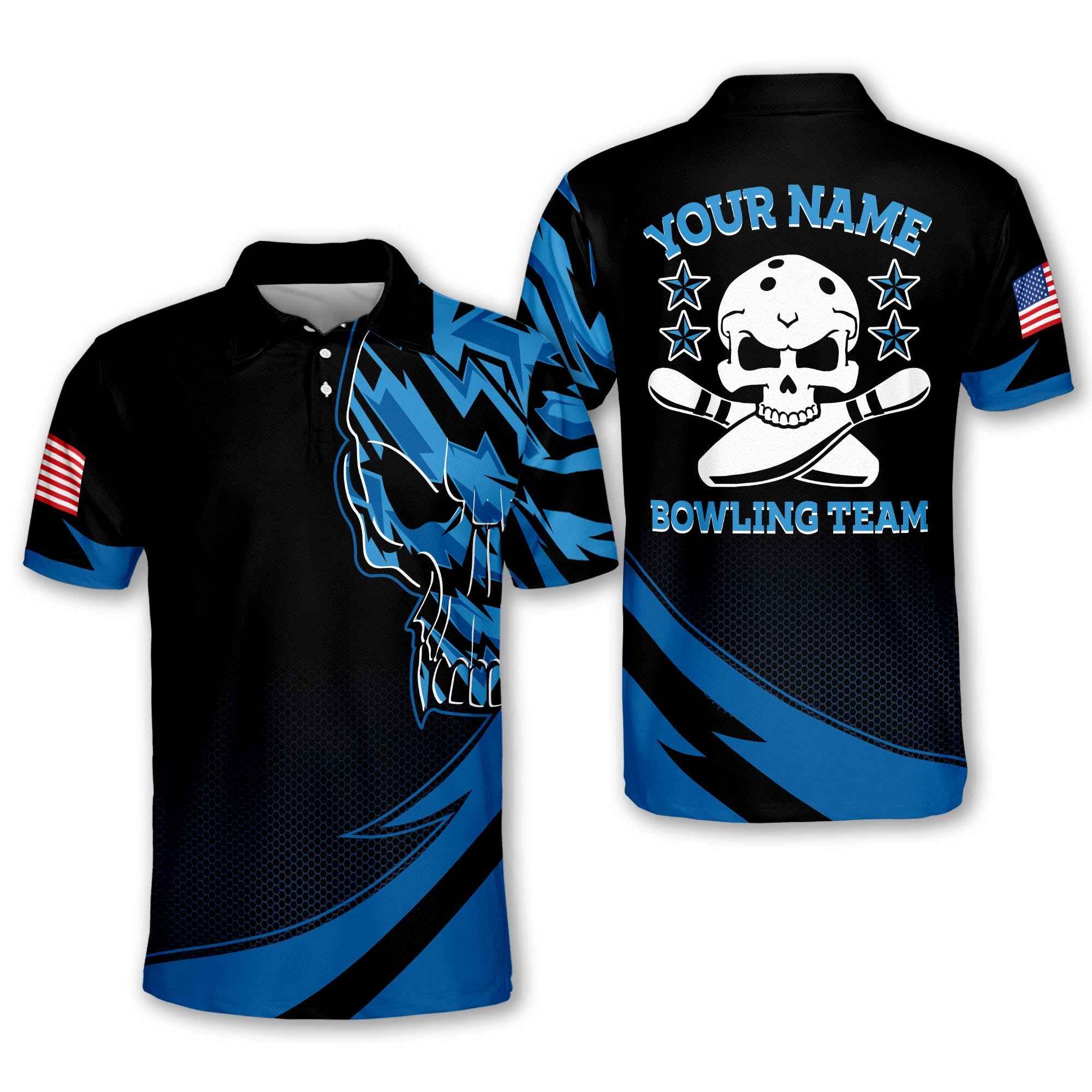 Custom Purple Skull Bowling Polo Shirt For Men, Custom Skull Patriotic Bowling Team Shirt BM0059