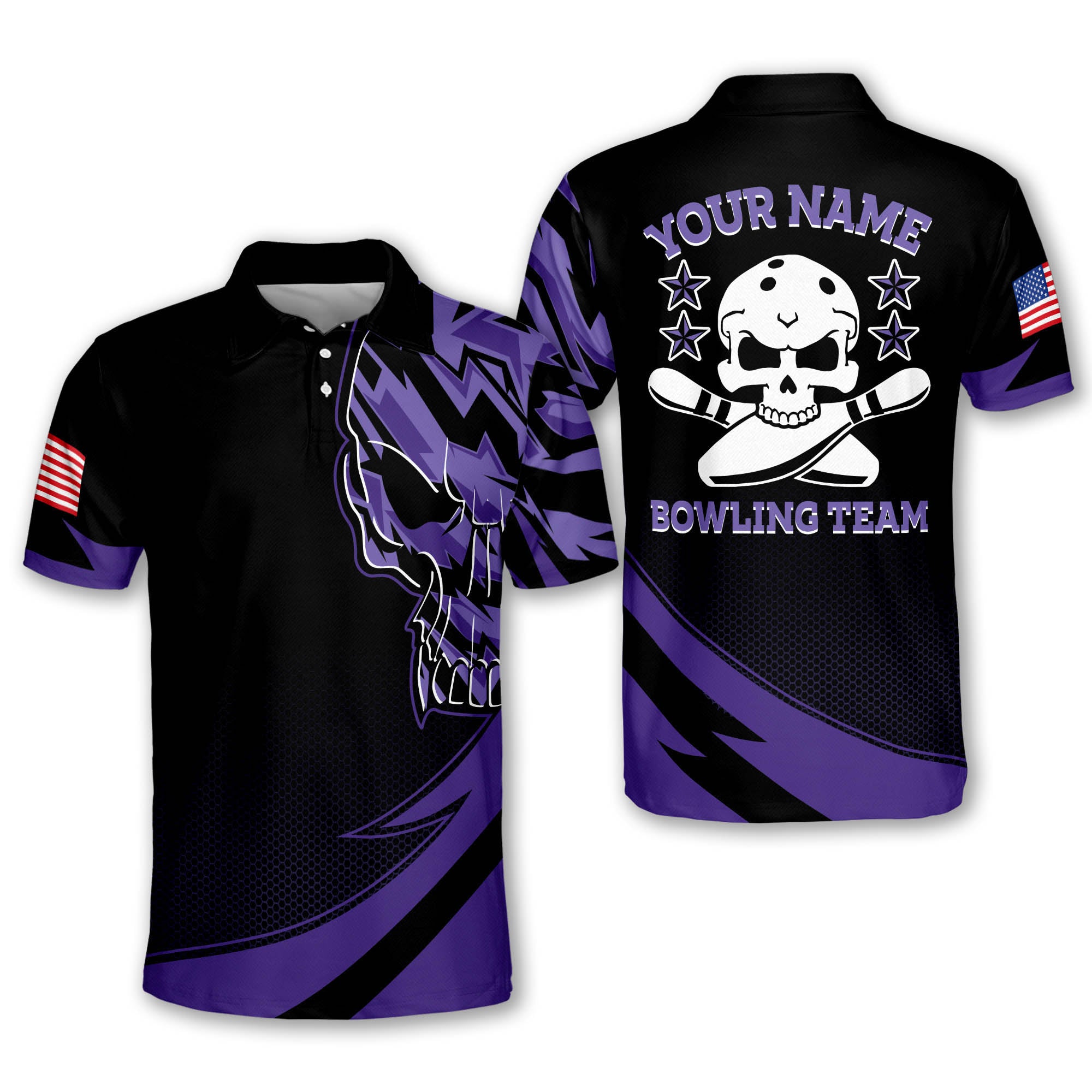 Custom Purple Skull Bowling Polo Shirt For Men, Custom Skull Patriotic Bowling Team Shirt BM0059