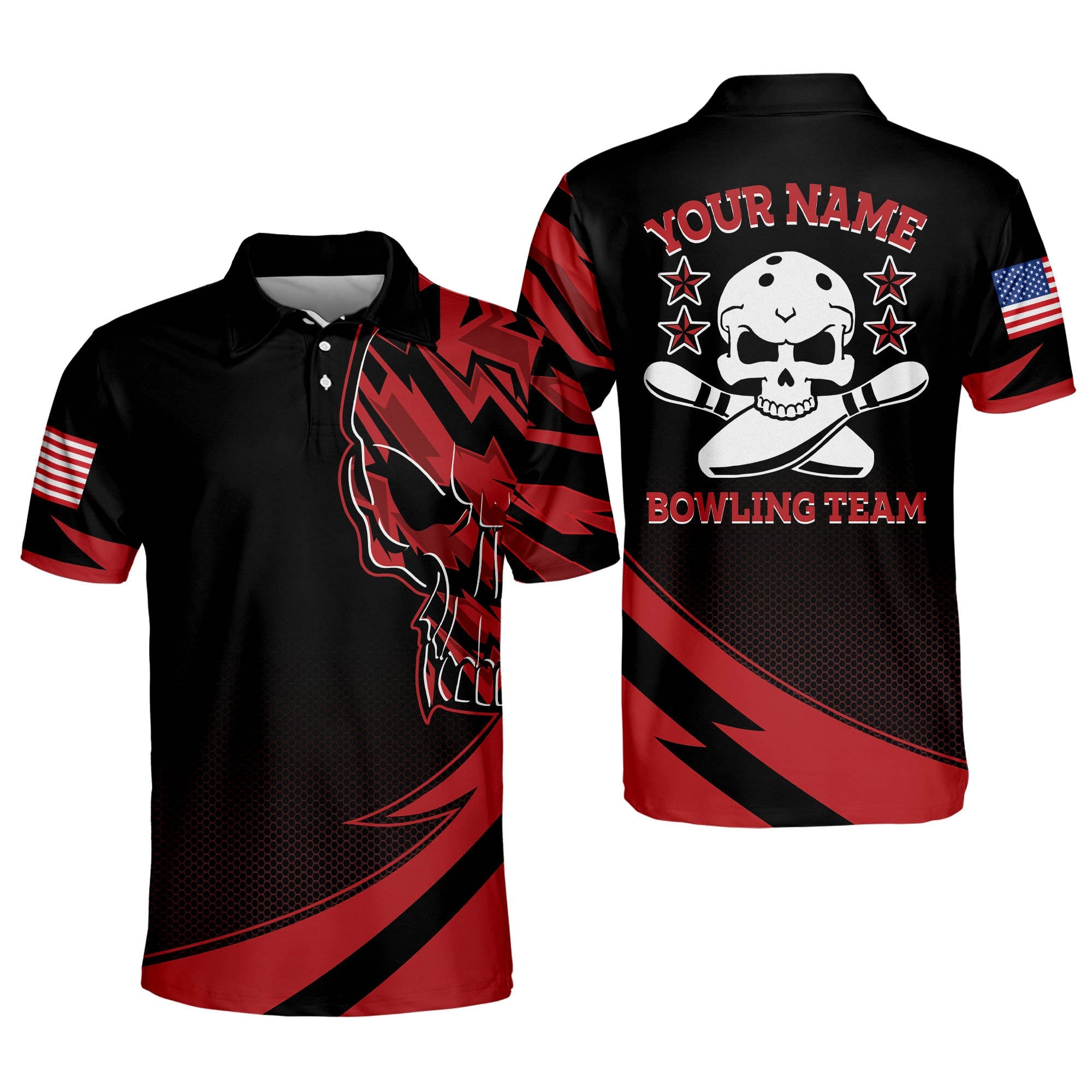 Custom Purple Skull Bowling Polo Shirt For Men, Custom Skull Patriotic Bowling Team Shirt BM0059