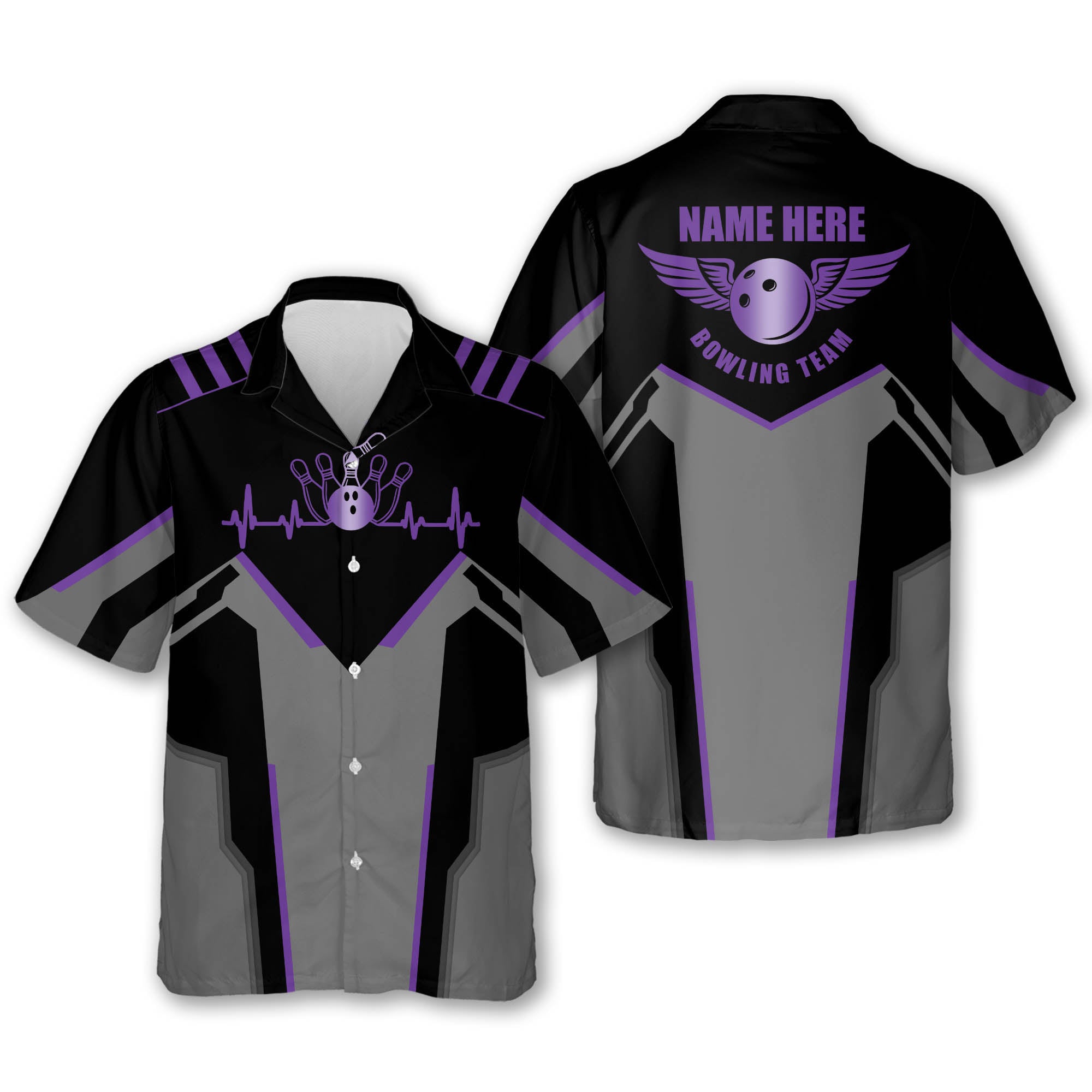 Custom Black And Purple Team Bowling Hawaiian Shirt For Men, Custom Bowling Shirt HB0042