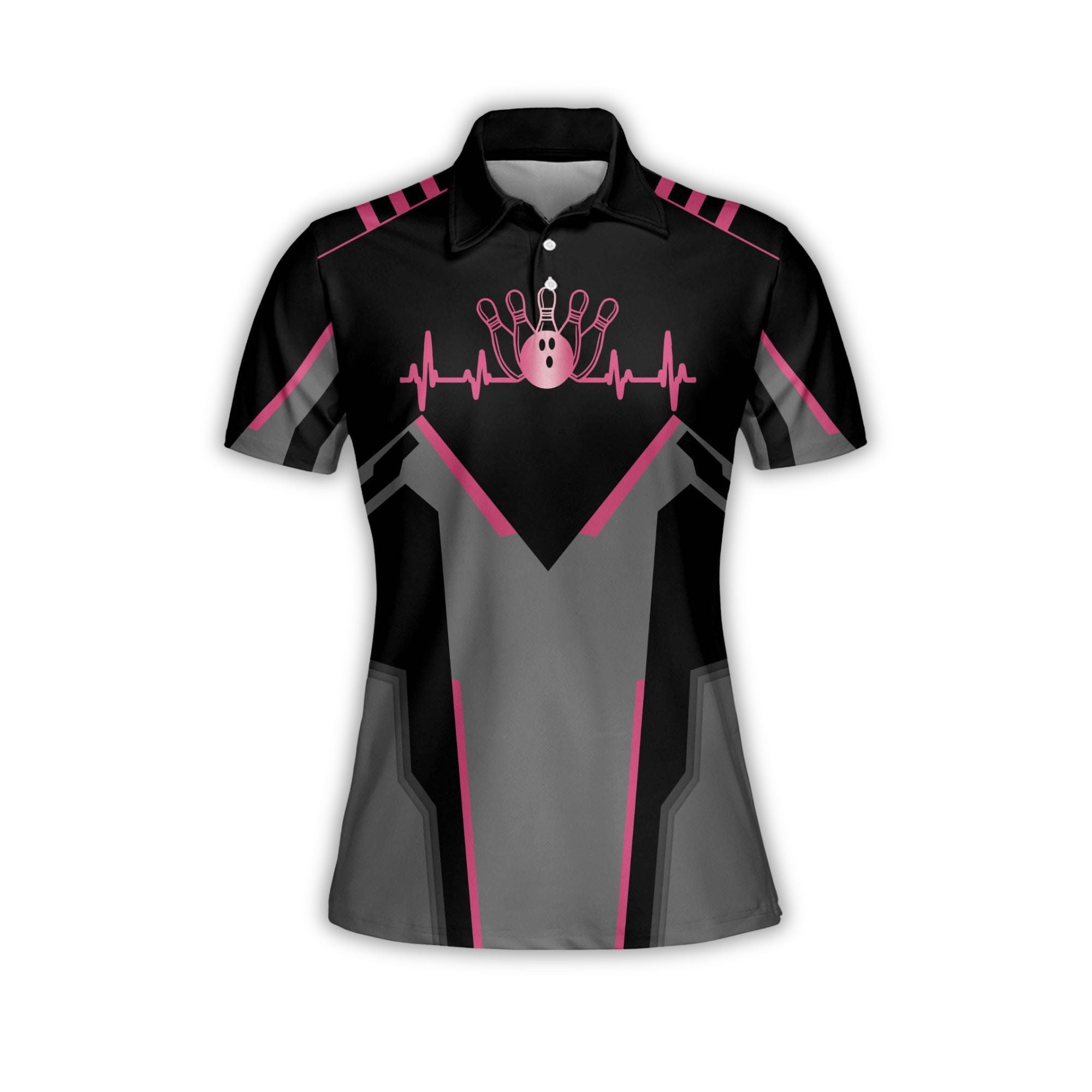 Custom Bowling Shirt For Women, Custom Black And Pink Team Bowling Polo Shirts For Women BW0075