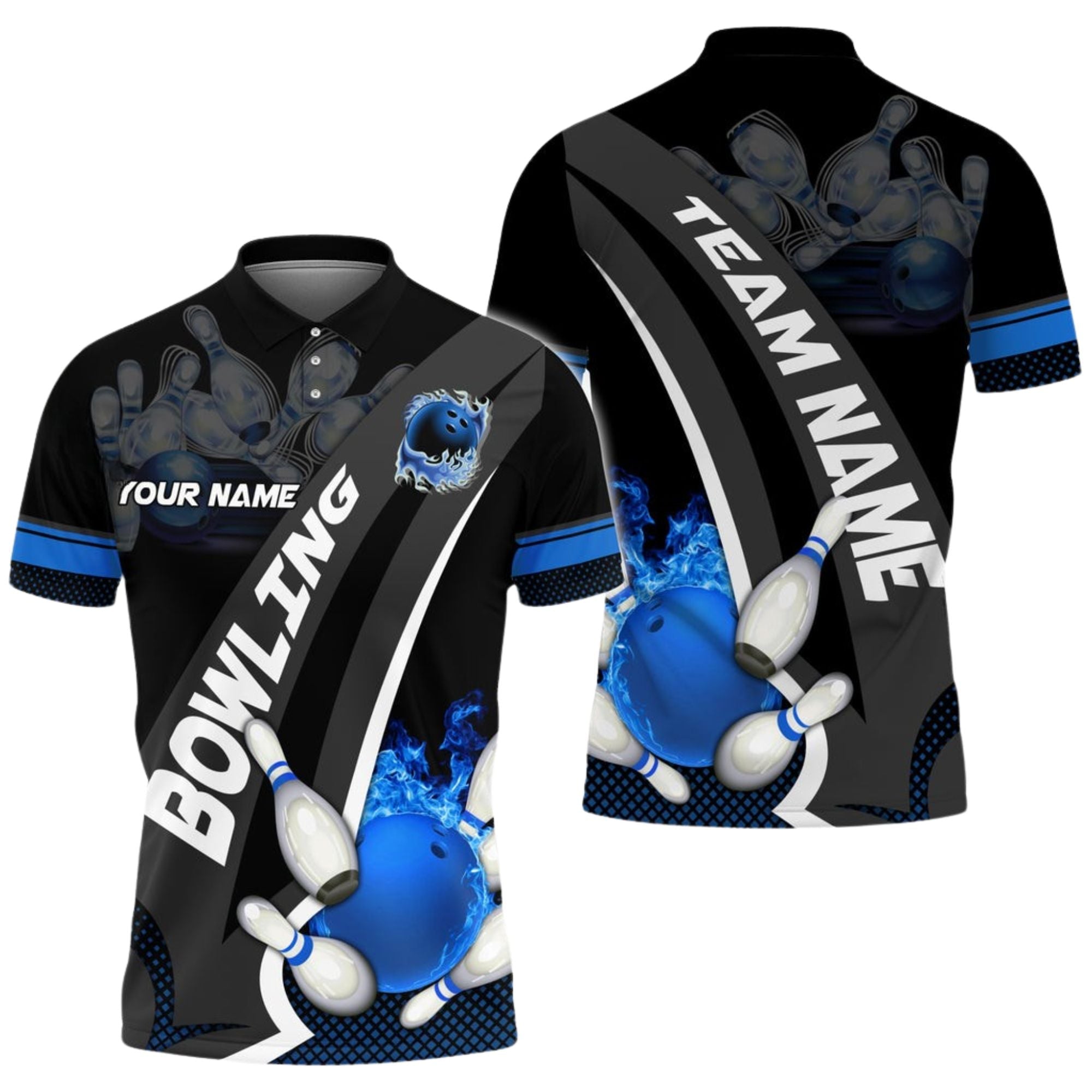 Custom Black And Red Flame Ball Bowling Polo Shirt For Men, Custom Team Bowling Shirt BO0107