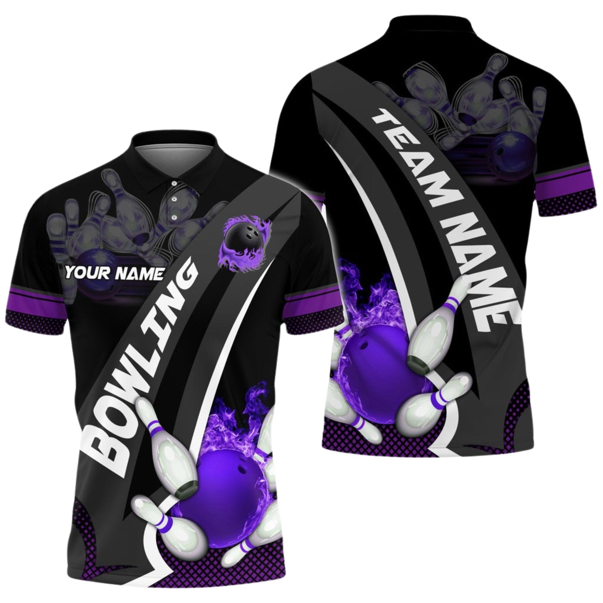 Custom Black And Red Flame Ball Bowling Polo Shirt For Men, Custom Team Bowling Shirt BO0107