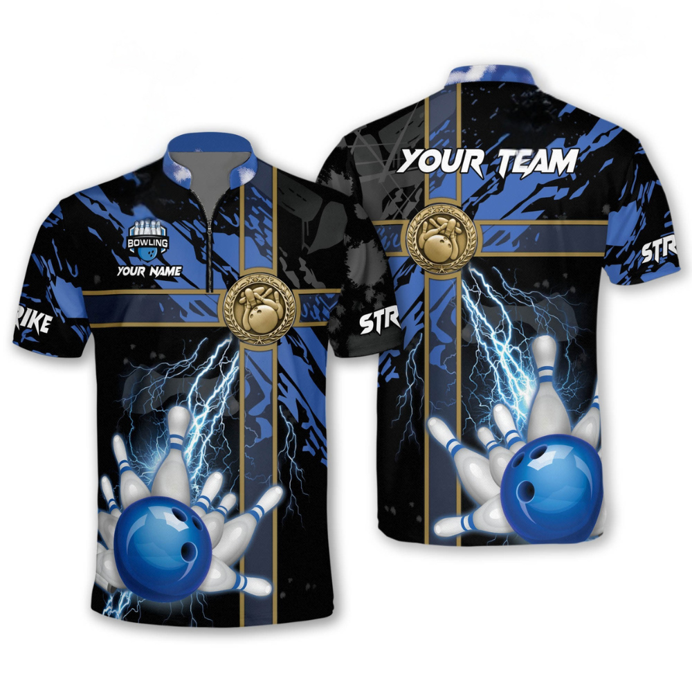 Custom Black And Blue Team Bowling Jersey Shirt, Custom Team Thunder Bowling Shirt BO0170