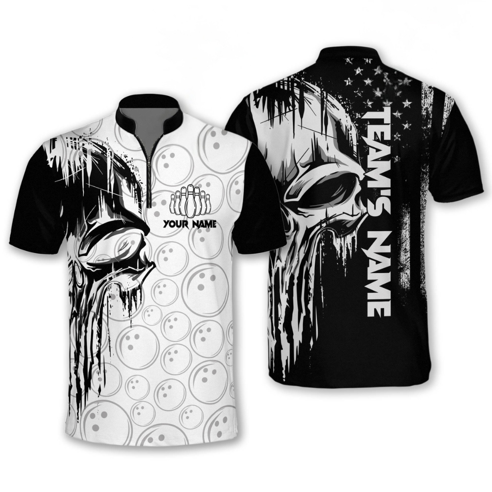 Custom Skull Bowling Jersey Shirt For Men, Custom Team Black And White Skull Bowling Shirt BO0158