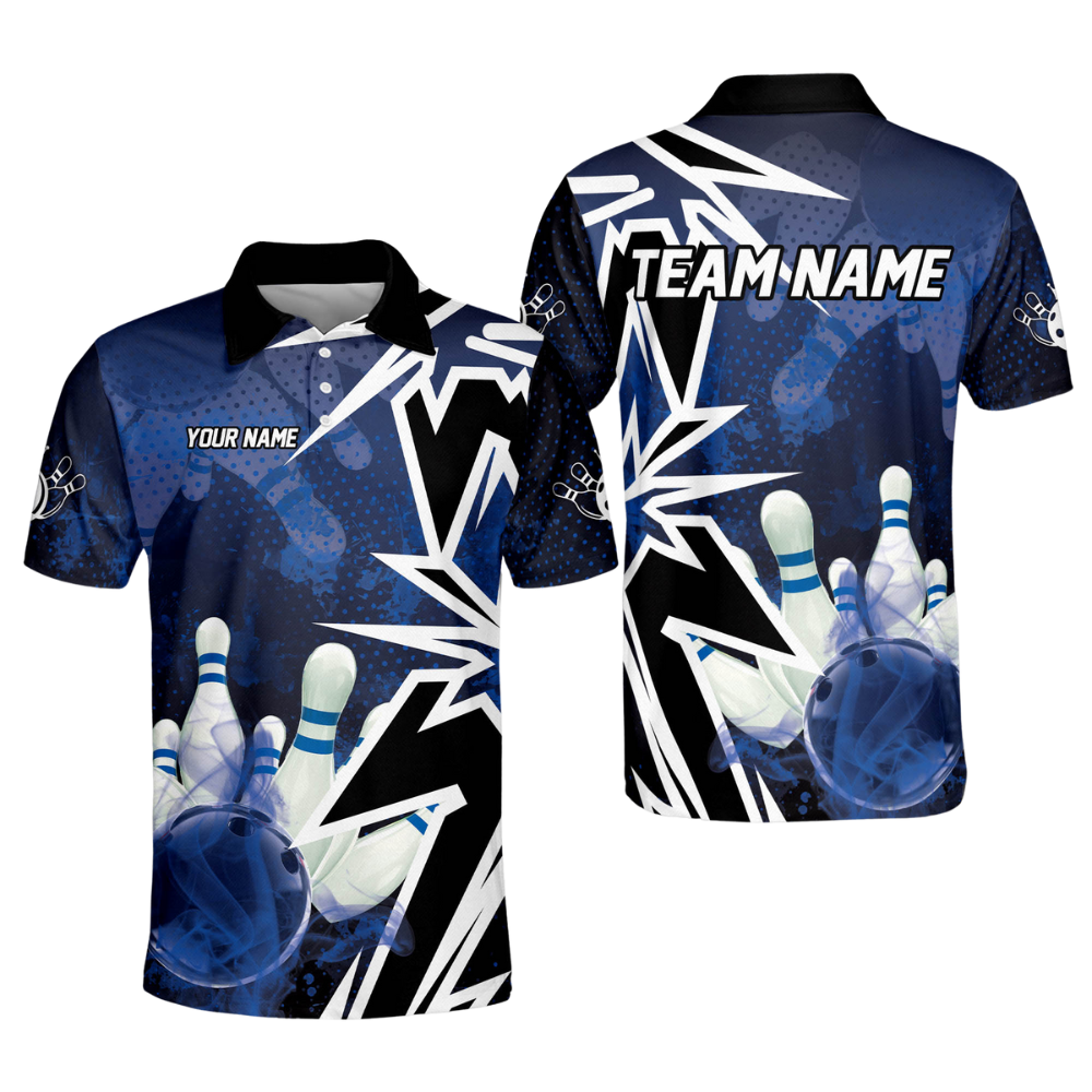 Custom Team Bowling Polo Shirt For Men, Custom Black And Blue Bowling Shirt BO0357