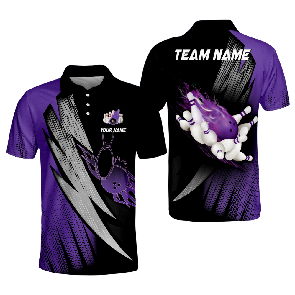 Custom Purple Flame Bowling Polo Shirt For Men, Custom Team Bowling Shirt BO0376