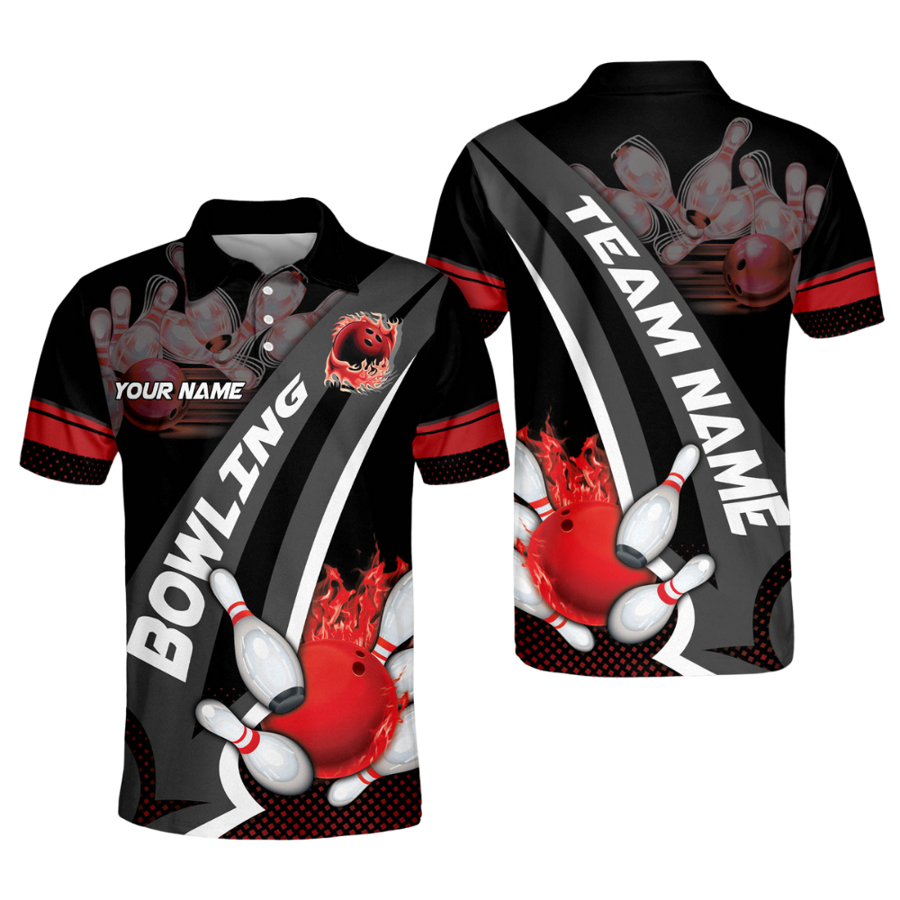 Custom Black And Red Flame Ball Bowling Polo Shirt For Men, Custom Team Bowling Shirt BO0107